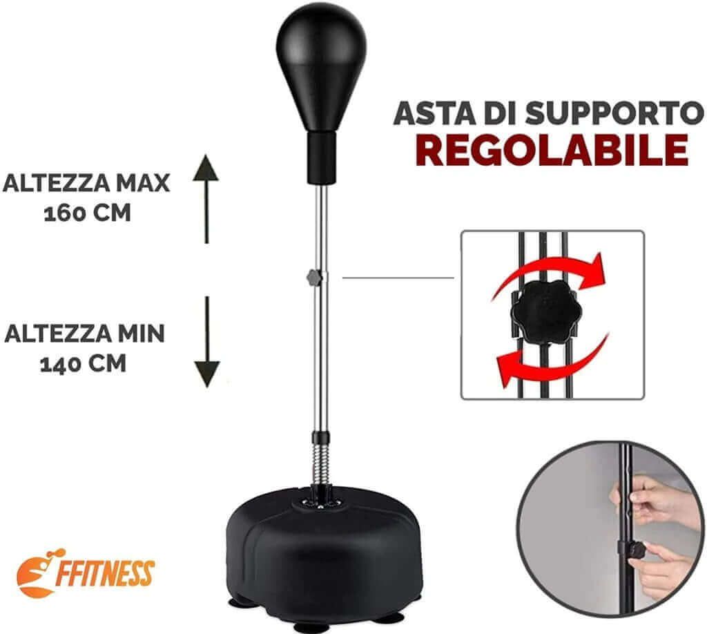 Sacco da boxe con asta regolabile. Intervallo di altezza: 140-160 cm. Manopola di regolazione. Logo FFitness.