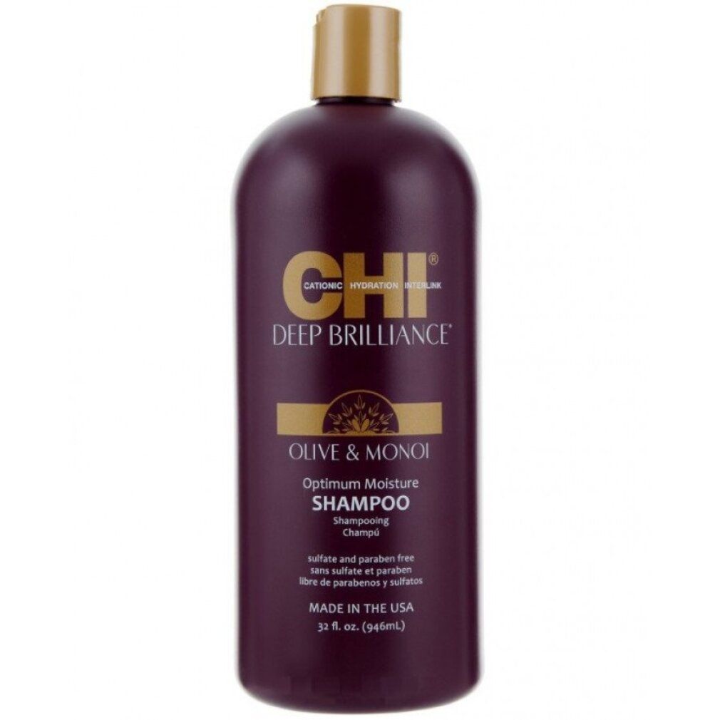 Flacone di shampoo bordeaux con tappo dorato. Scritta: CHI DEEP BRILLIANCE OLIVE & MONOI OPTIMUM MOISTURE SHAMPOO.