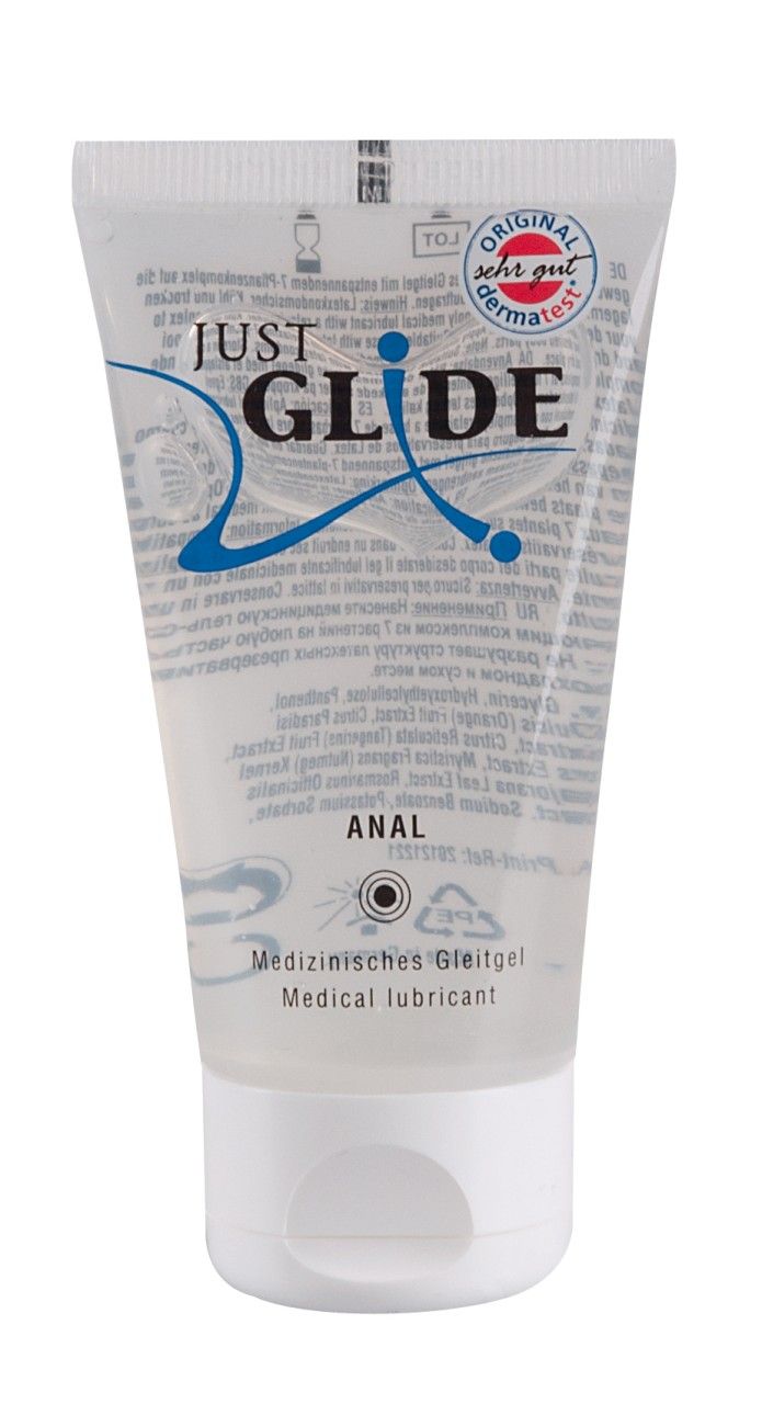 Fronte di un tubo di gel lubrificante con sigillo 'Original Dermatest molto buono'.