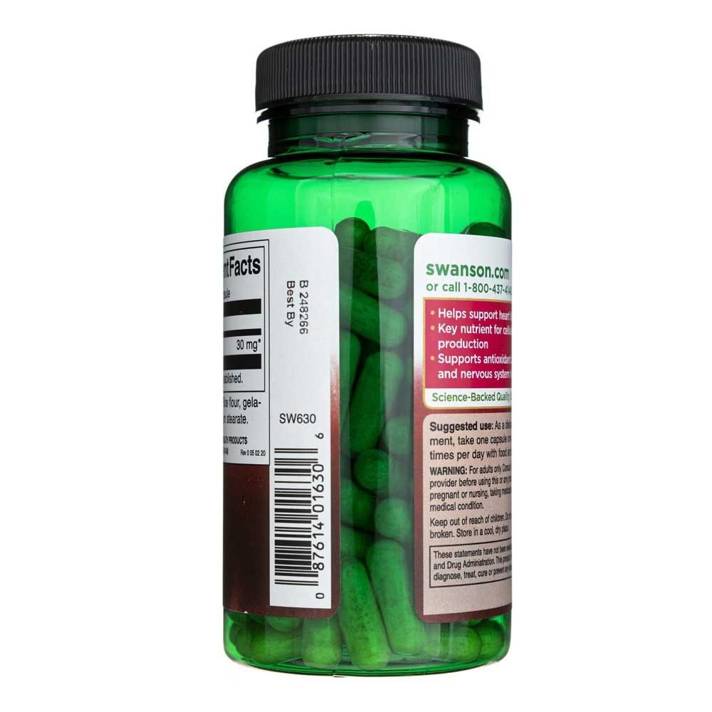 Bottiglia verde Swanson CoQ10 con capsule e etichetta visibili.