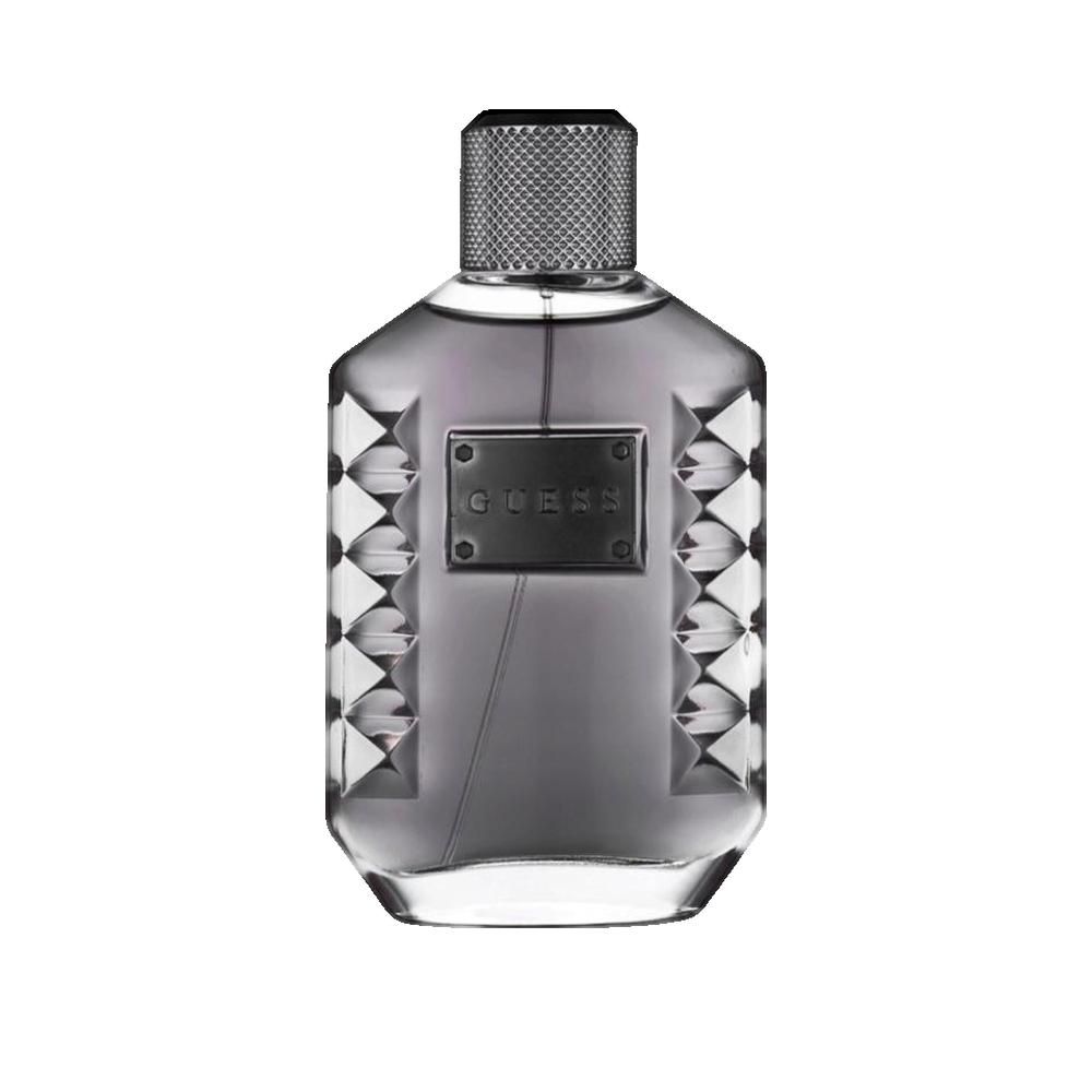 Flacone grigio con tappo argentato. Sul flacone è presente una targhetta rettangolare con la scritta "GUESS".