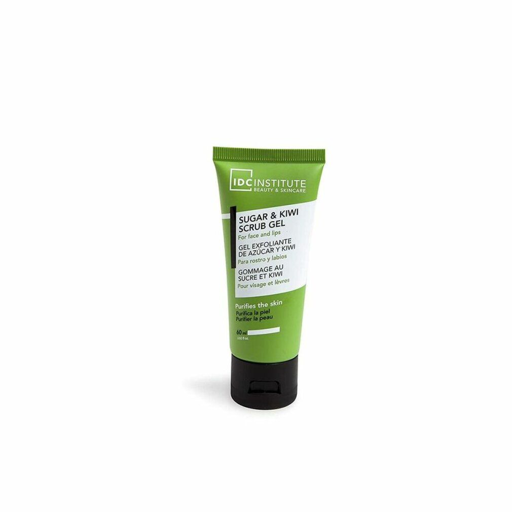 Tubo verde con tappo nero. Testo: Sugar & Kiwi Scrub Gel, IDC INSTITUTE. Gel esfoliante viso e corpo.