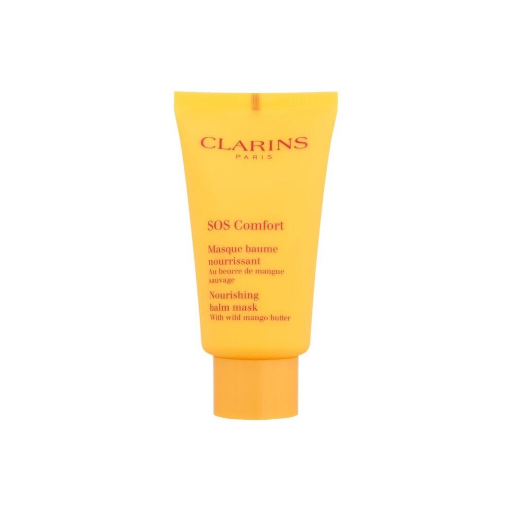 Tubo giallo con tappo giallo. Scritta: Clarins Paris, SOS Comfort, Masque baume nourrissant, Nourishing balm mask.