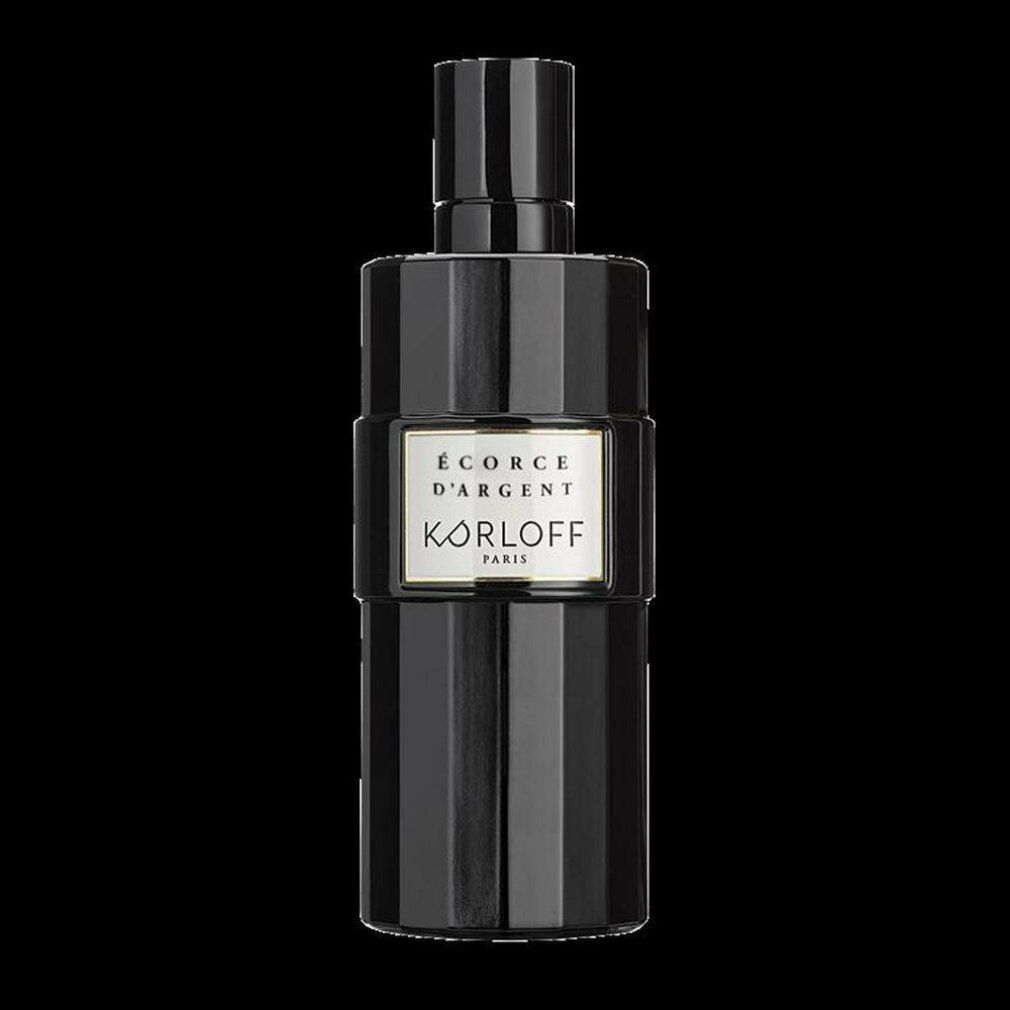 Flacone nero con etichetta bianca. Scritta: ÉCORCE D'ARGENT, KORLOFF PARIS. Forma verticale, superficie scanalata.