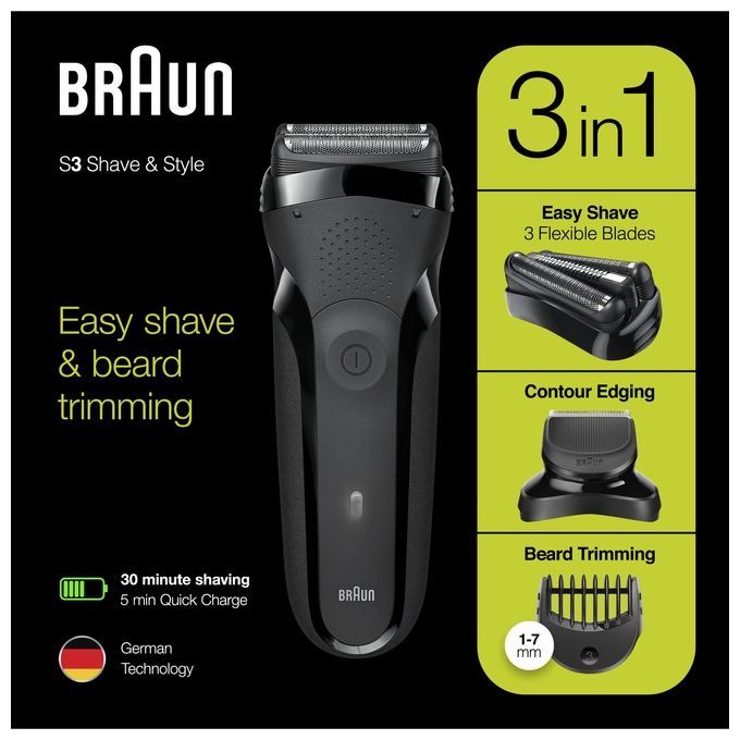 Braun Series 3 300bt Shaveandstyle Rasoio da Barba Elettrico da Uomo Nero