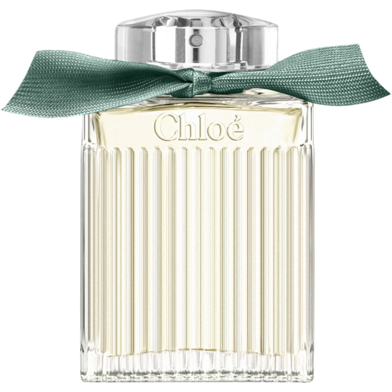 Flacone di profumo Chloé con nastro verde. Forma rettangolare con superficie scanalata. Flacone in vetro trasparente con tappo argentato.