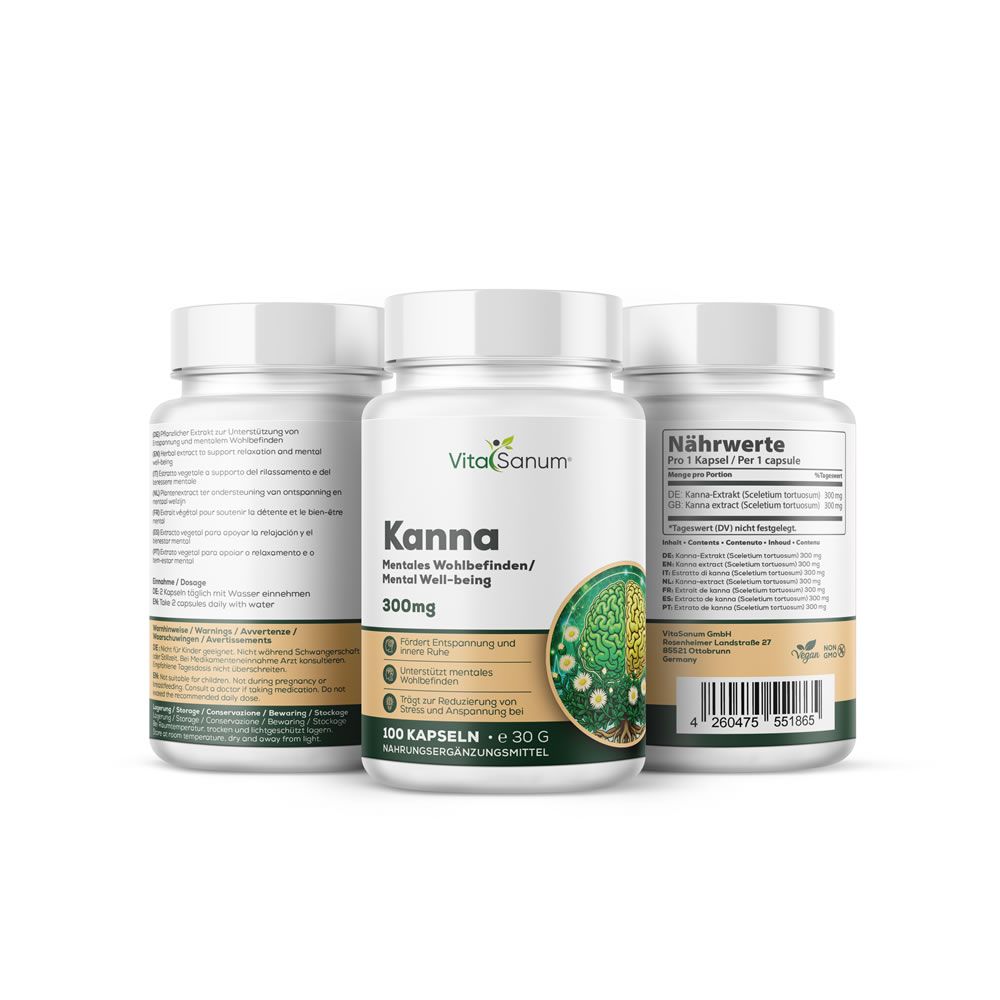 Tre flaconi bianchi con capsule. Scritta: VitaSanum Kanna, 300mg. Illustrazione di un cervello. 100 capsule.