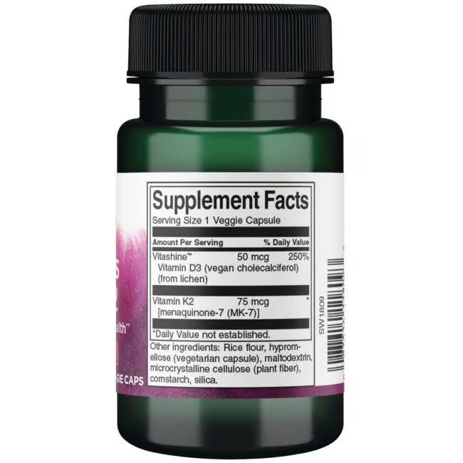Retro di una bottiglia verde con tappo nero. Etichetta con informazioni nutrizionali: Vitamina D3, K2.