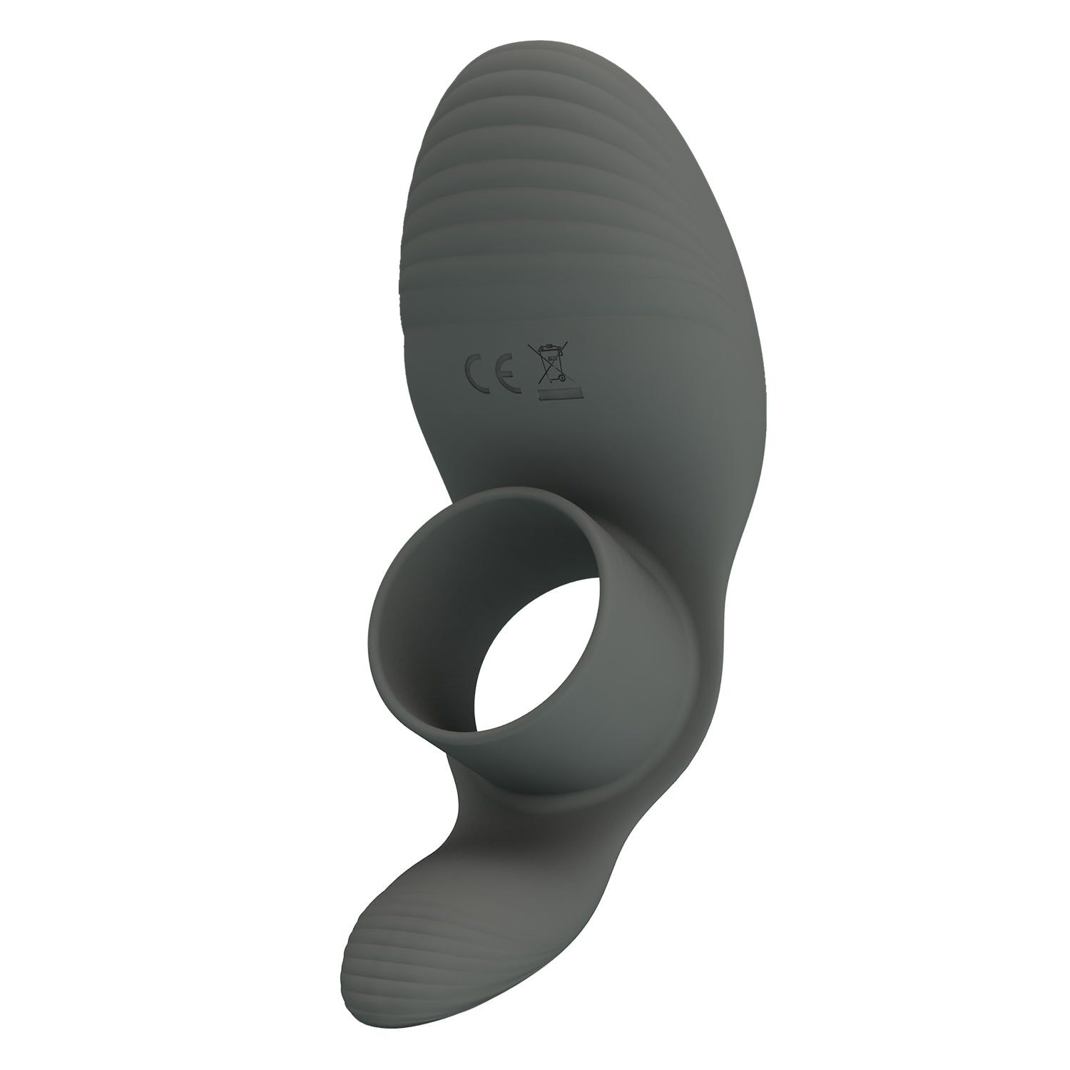 Anello grigio con superficie scanalata e marchio CE. Vista posteriore.