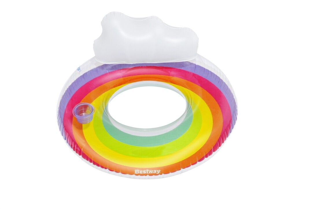 Galleggiante gonfiabile arcobaleno con nuvola bianca e portabicchieri. Marchio Bestway.