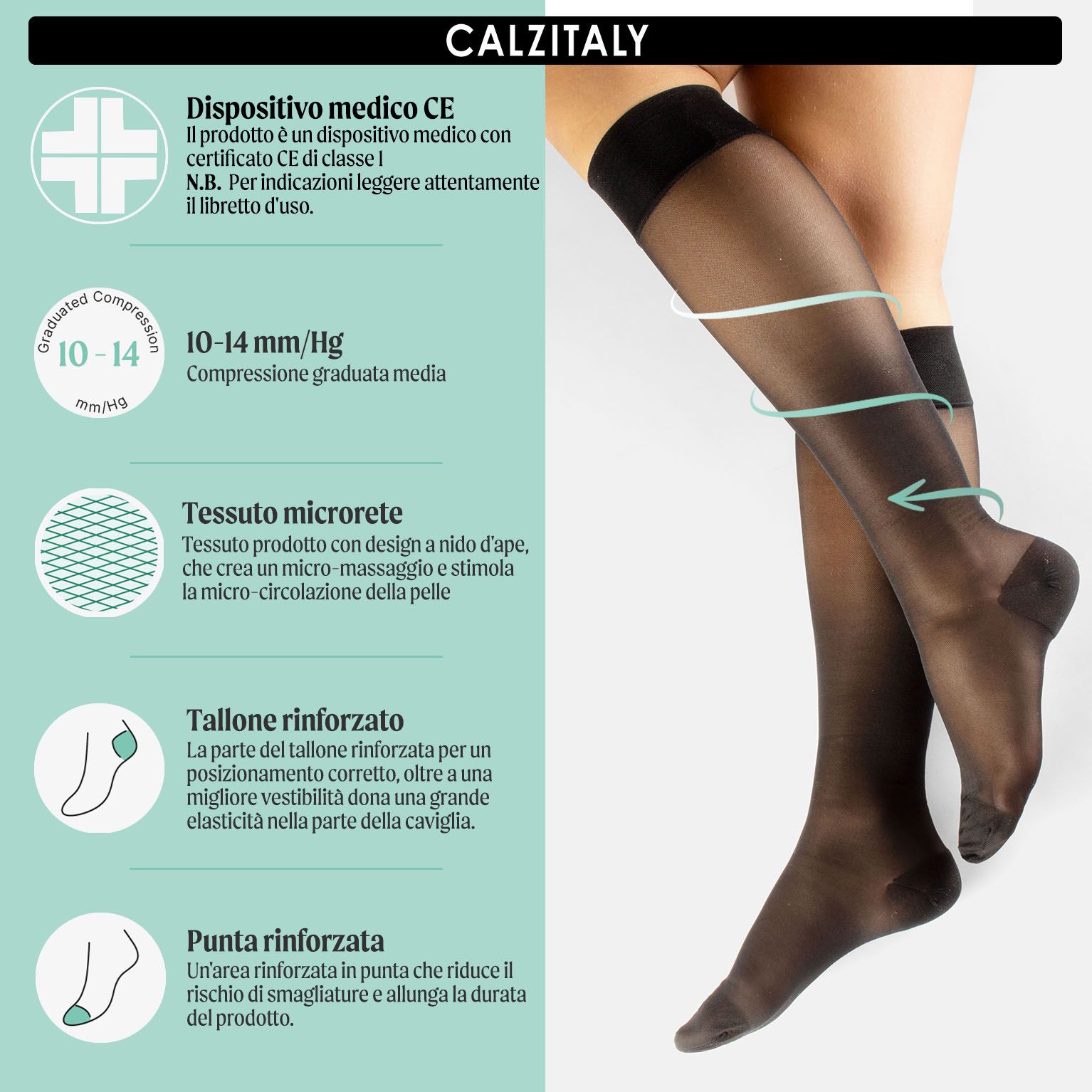 CALZITALY Gambaletti Compressione Graduata 70 DEN 10-14 mm/Hg, Calze Medicali Unisex Made in Italy