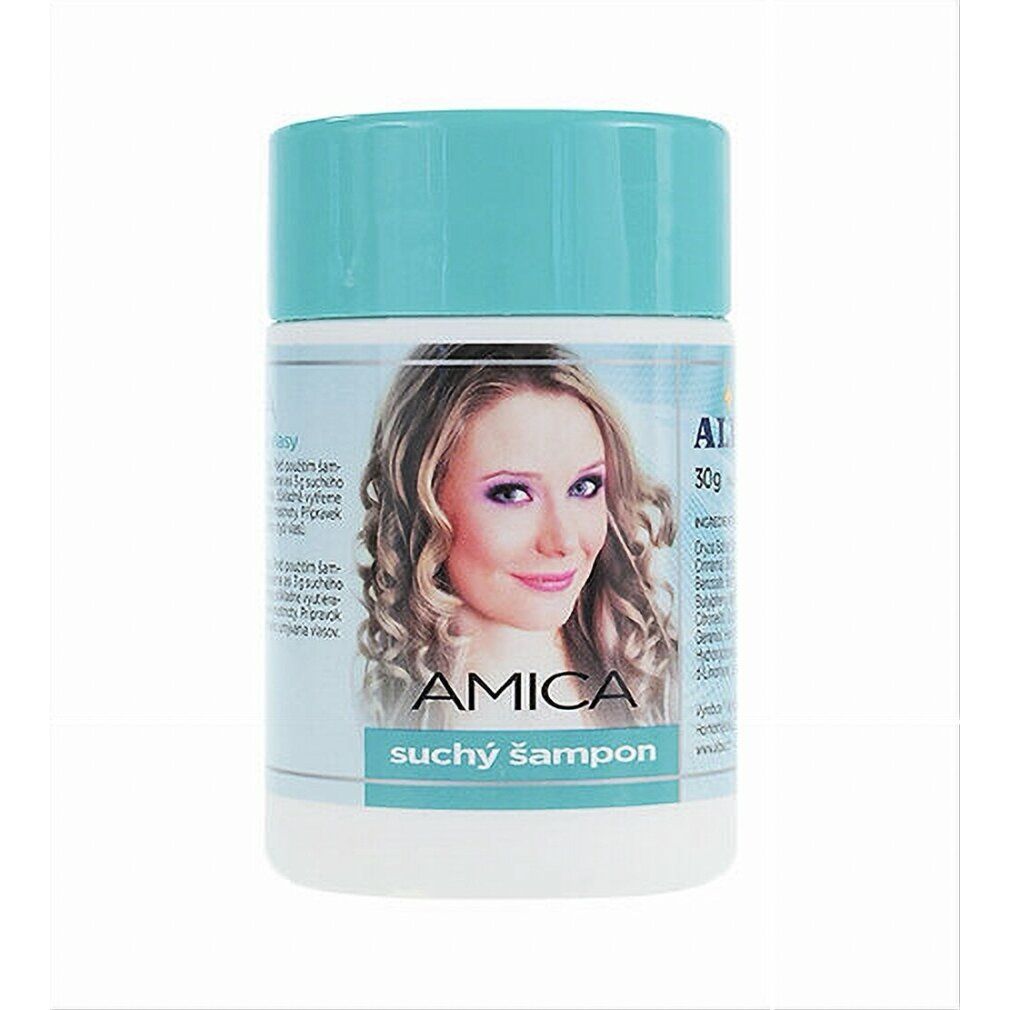 Barattolo cilindrico con coperchio turchese. Stampa: AMICA, volto femminile, testo. Shampoo secco.