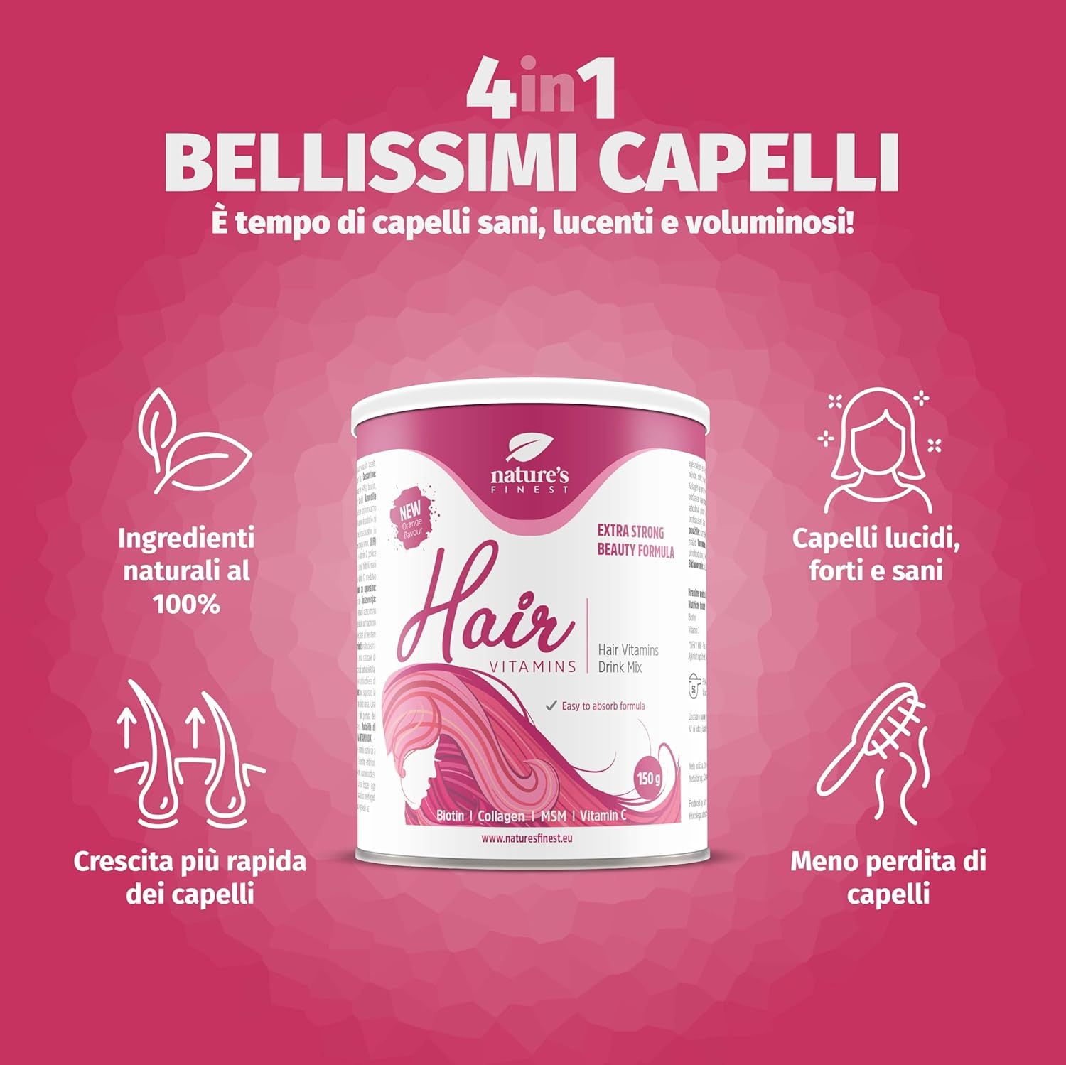 Confezione del prodotto Nature's Finest Hair Vitamins. Barattolo con testo e illustrazioni. 4in1 per capelli belli.