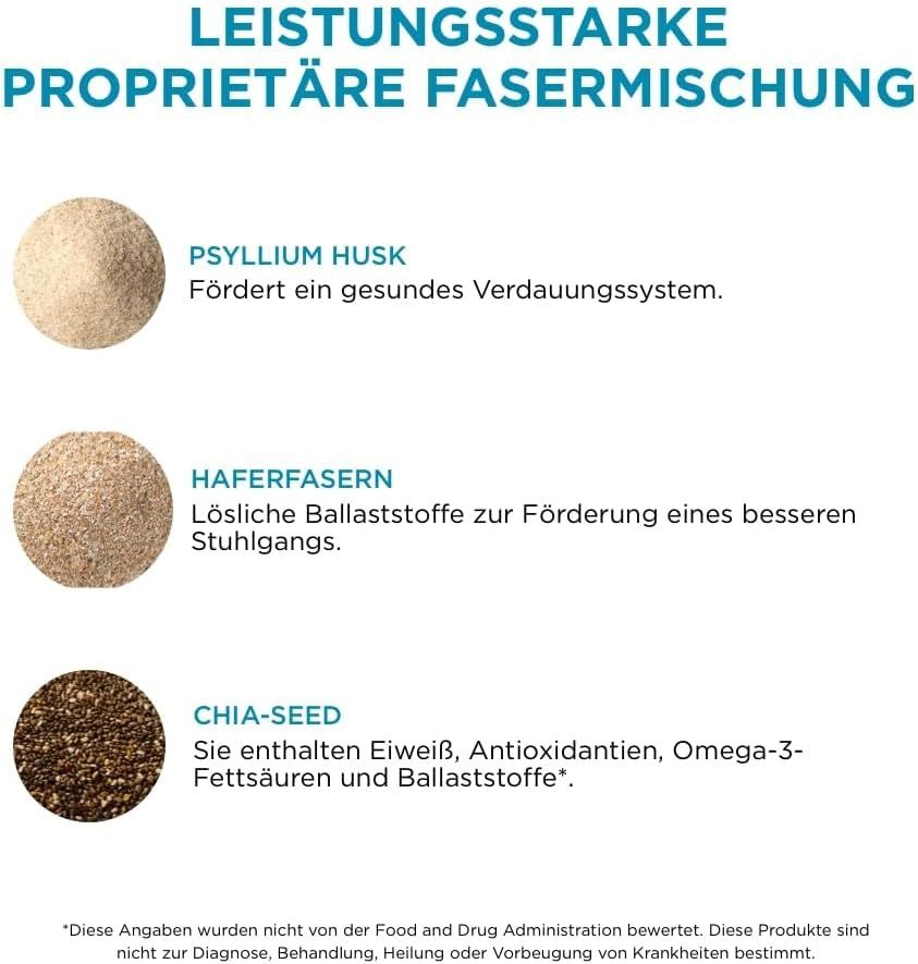 Tre ingredienti: bucce di psillio, fibre d'avena, semi di chia. Testo che descrive i benefici.