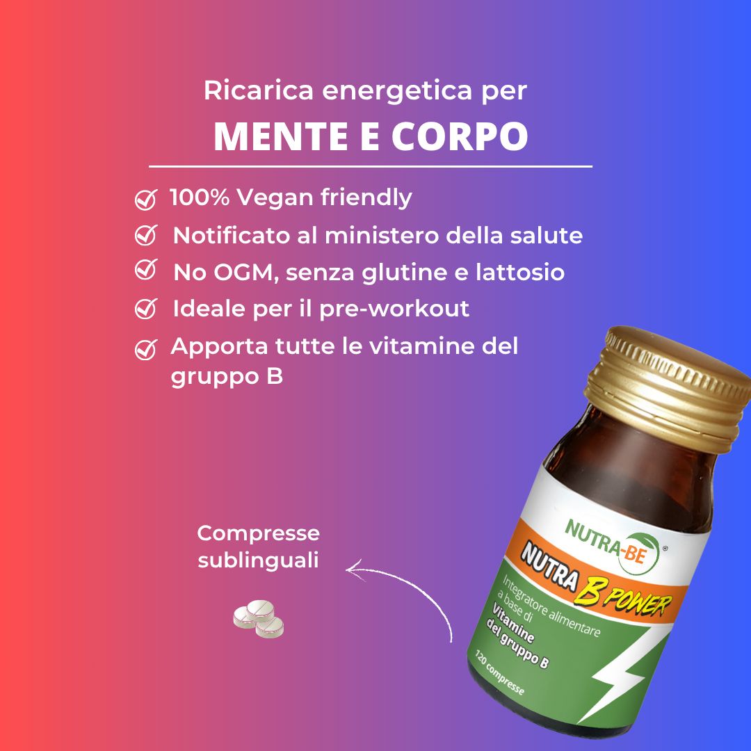 Flacone "NUTRA B POWER" accanto a testo sui benefici: vegano, senza glutine, ecc. Compresse.