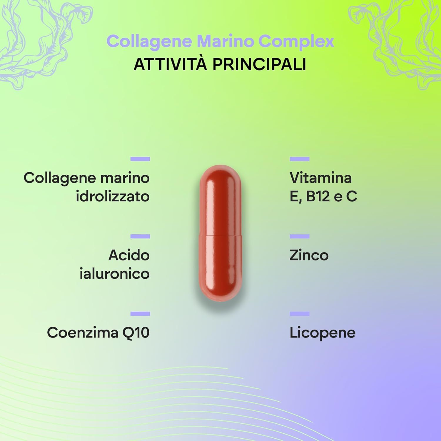 Capsula rossa. Testo: Marine Collagen Complex. Attività principali: Collagene marino idrolizzato, acido ialuronico, zinco.