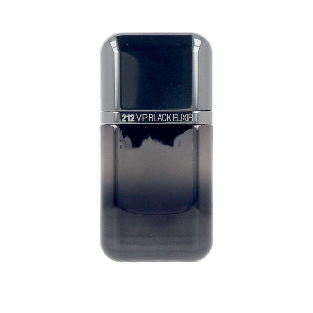 Flacone nero con tappo scuro. Sul flacone è scritto "212 VIP BLACK ELIXIR".