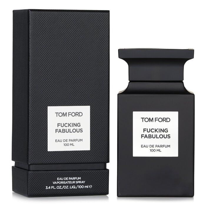 Flacone e confezione neri. Etichetta bianca con testo: TOM FORD, FUCKING FABULOUS, Eau de Parfum. 100 ml.