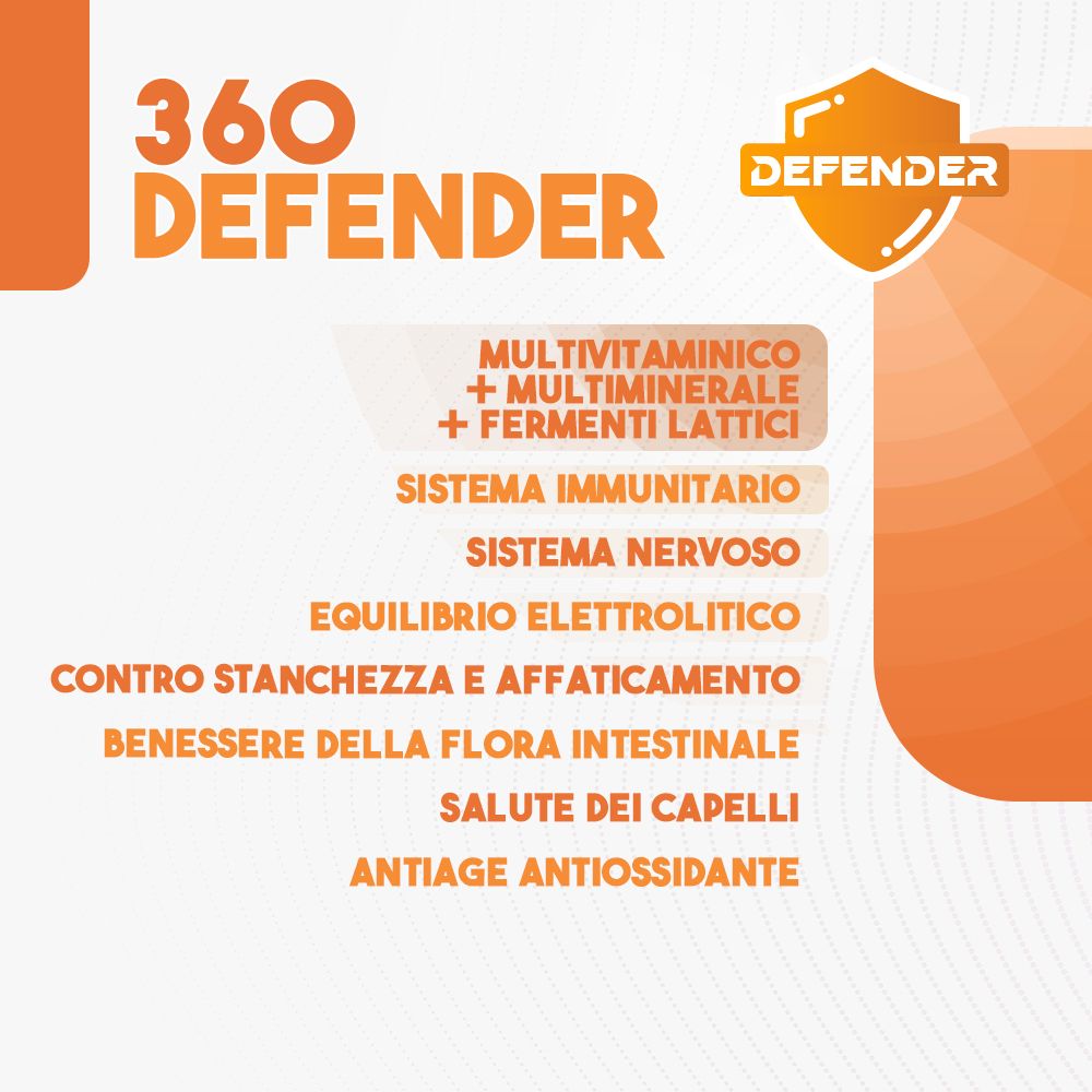 360 Defender Multivitaminico. Contiene multivitaminico, multiminerali, fermenti lattici. Per sistema immunitario, nervoso, energia.