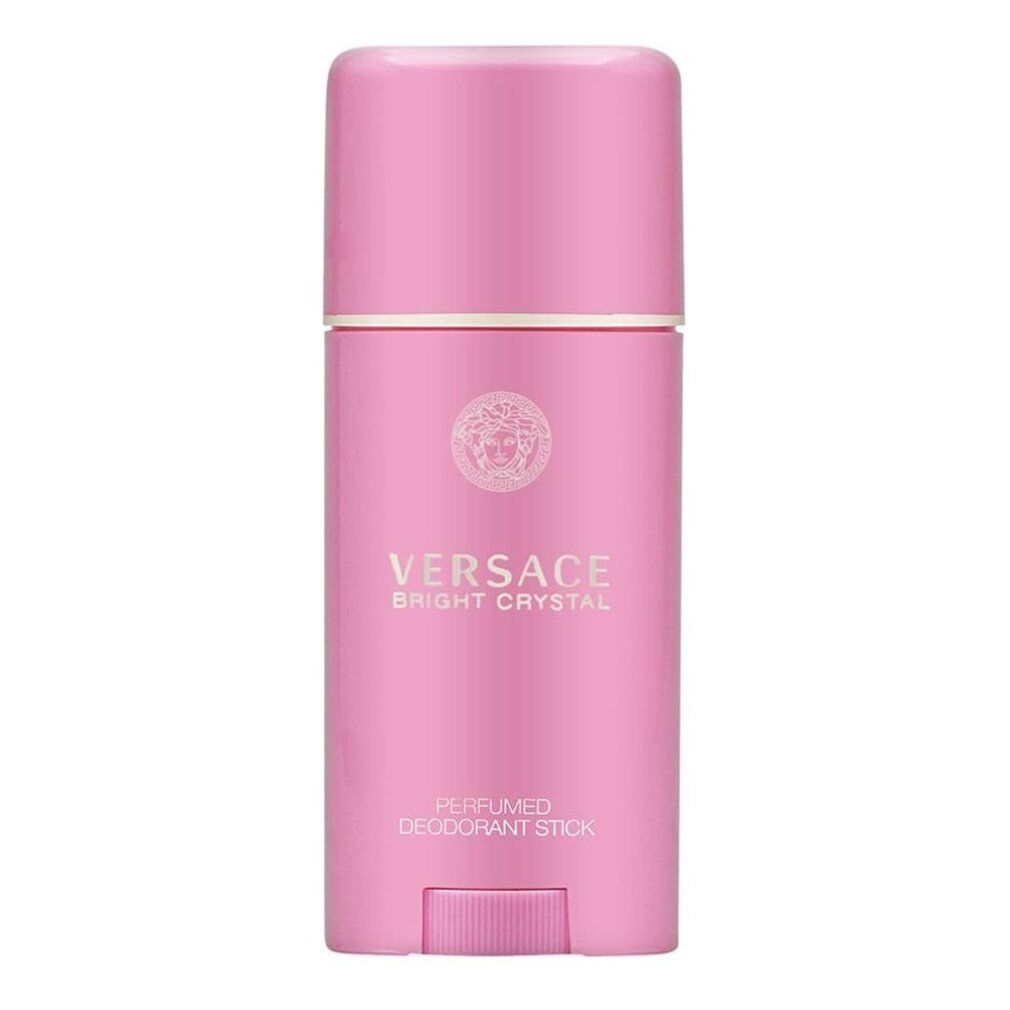 Deo-stick rosa. Scritta: VERSACE BRIGHT CRYSTAL, PERFUMED DEODORANT STICK. Forma cilindrica con tappo e meccanismo a rotazione.