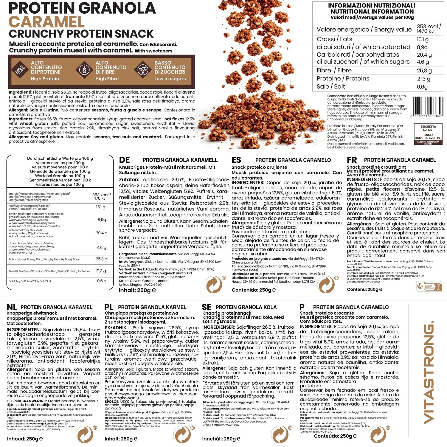 Primo piano della confezione di granola proteica. Testo: Protein Granola Caramel, alto contenuto proteico e fibre. Informazioni nutrizionali.