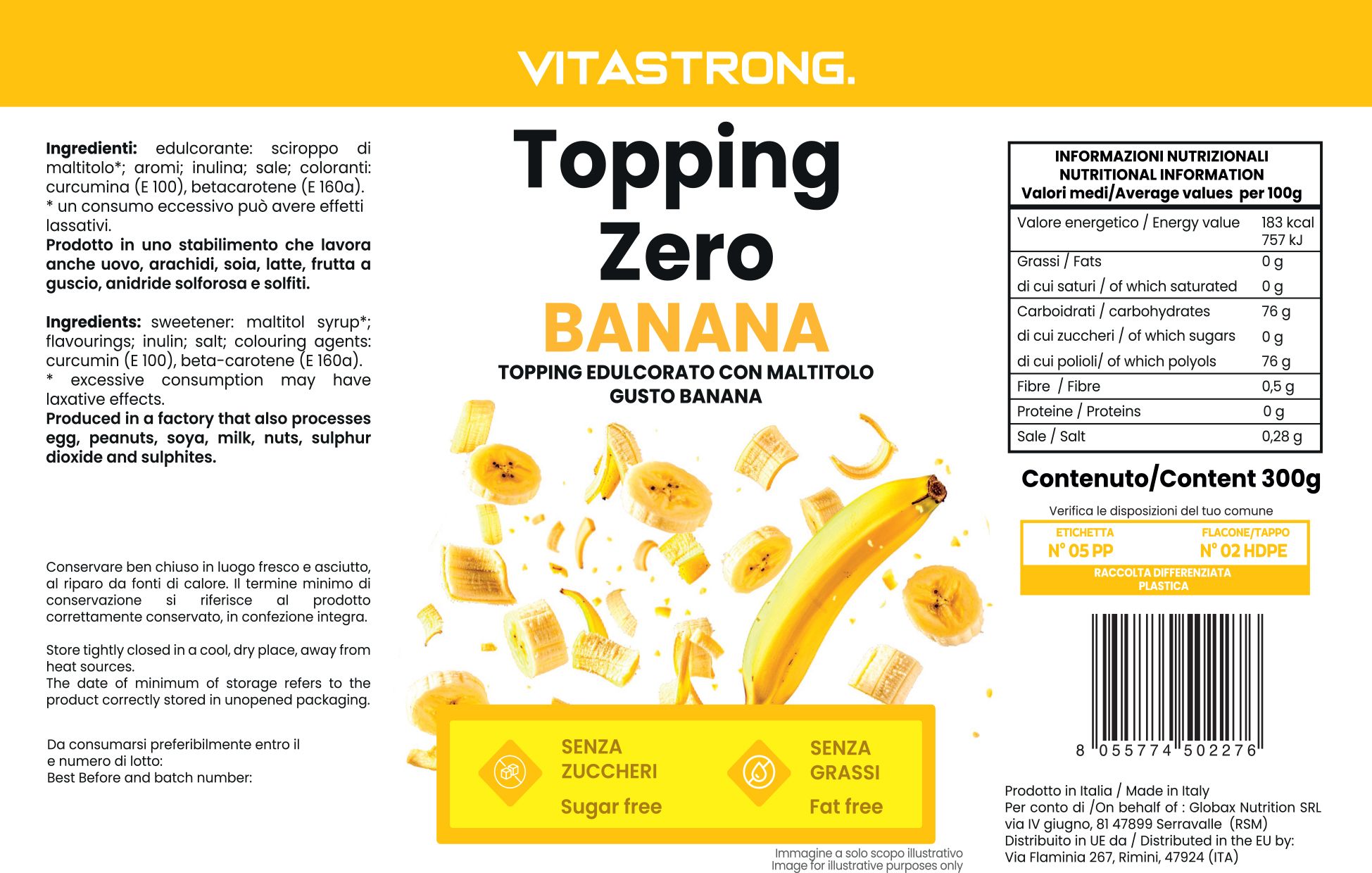 Confezione Vitastrong Topping Zero Banana. Etichetta gialla con nome prodotto, illustrazioni di banane e informazioni nutrizionali.