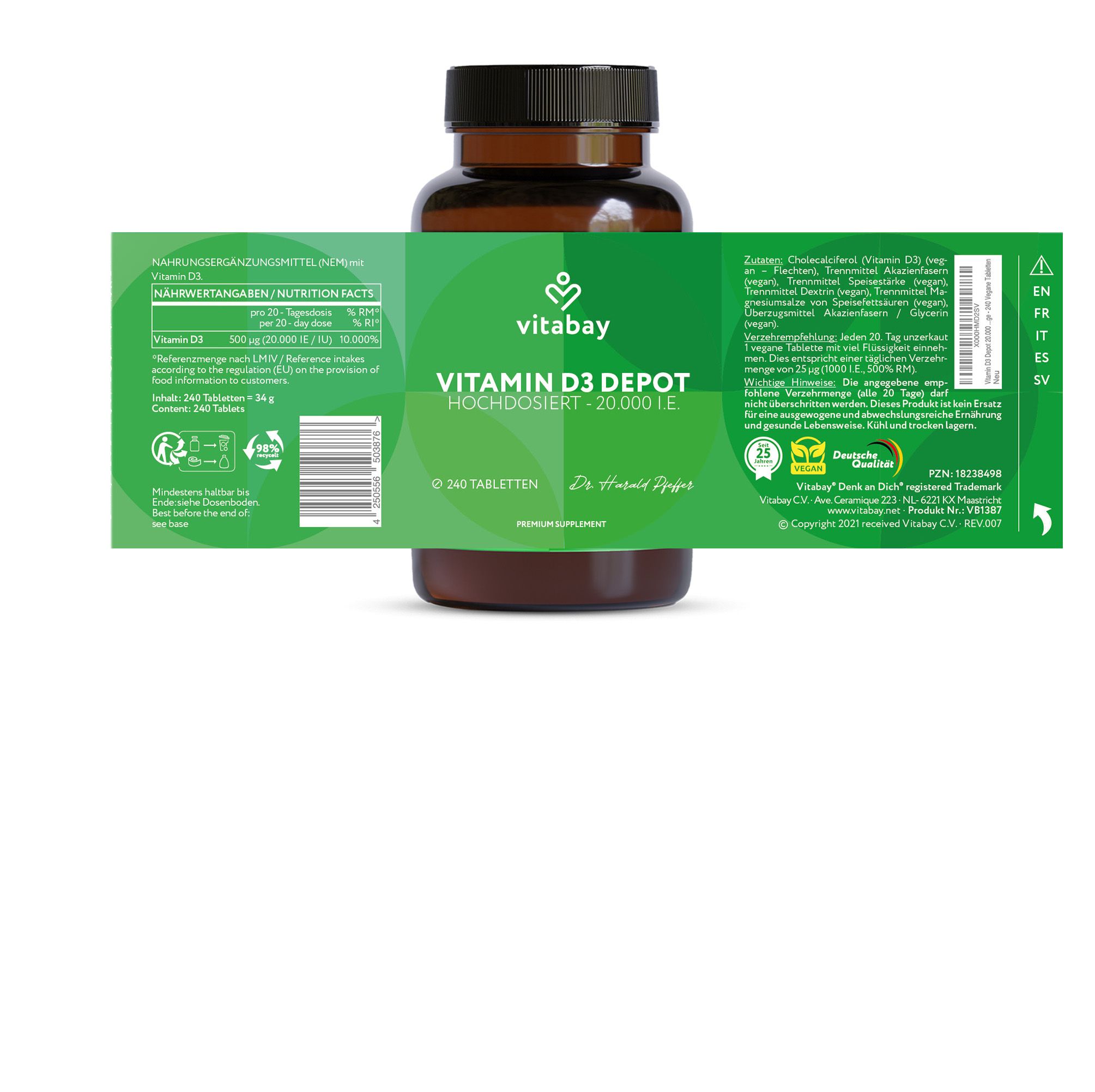 Flacone marrone con etichetta. Vitabay Vitamina D3 Depot. 240 compresse. Informazioni nutrizionali.