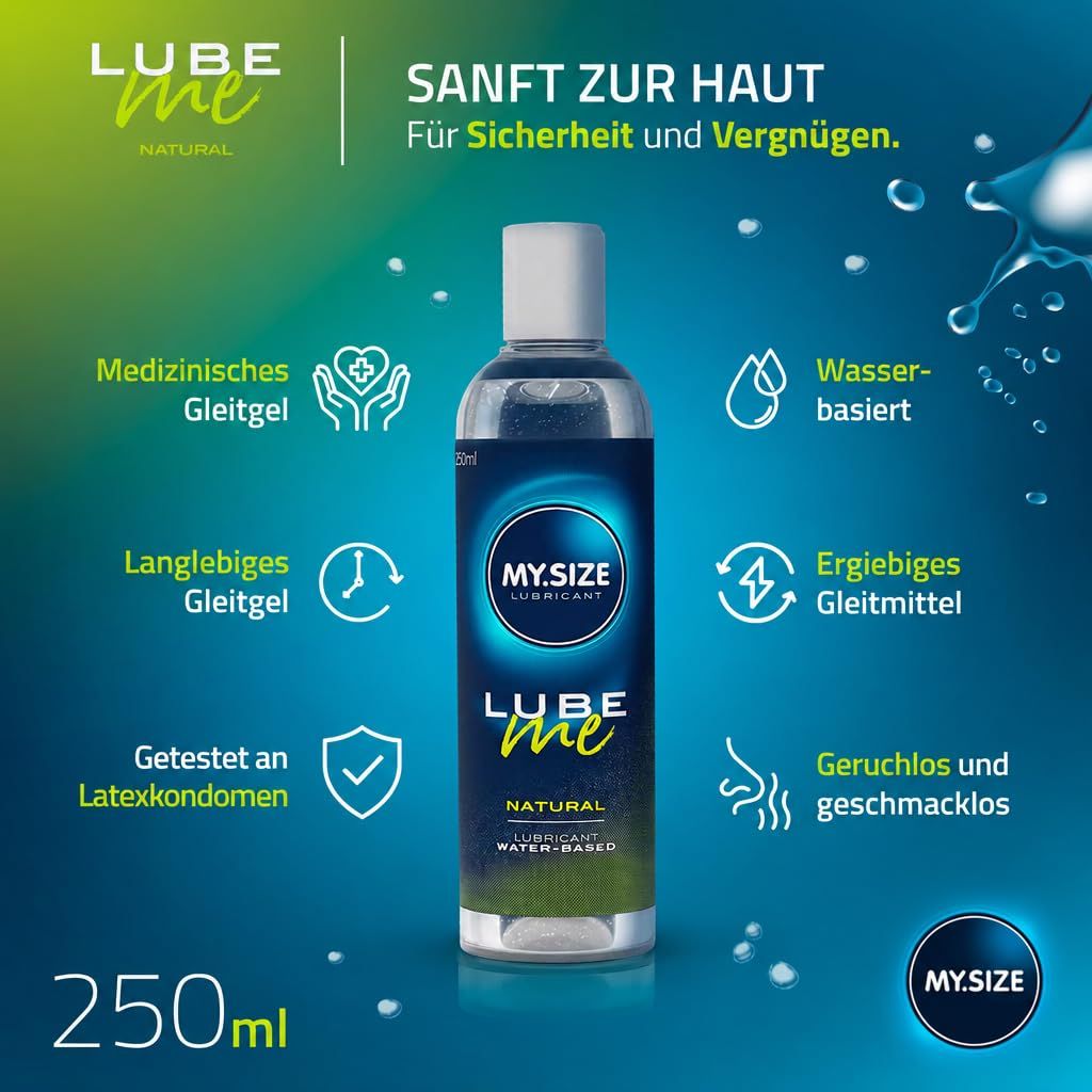 MY.SIZE LUBE ME NATURAL Lubrificante, flacone da 250ml, con sigilli per qualità e tollerabilità cutanea.