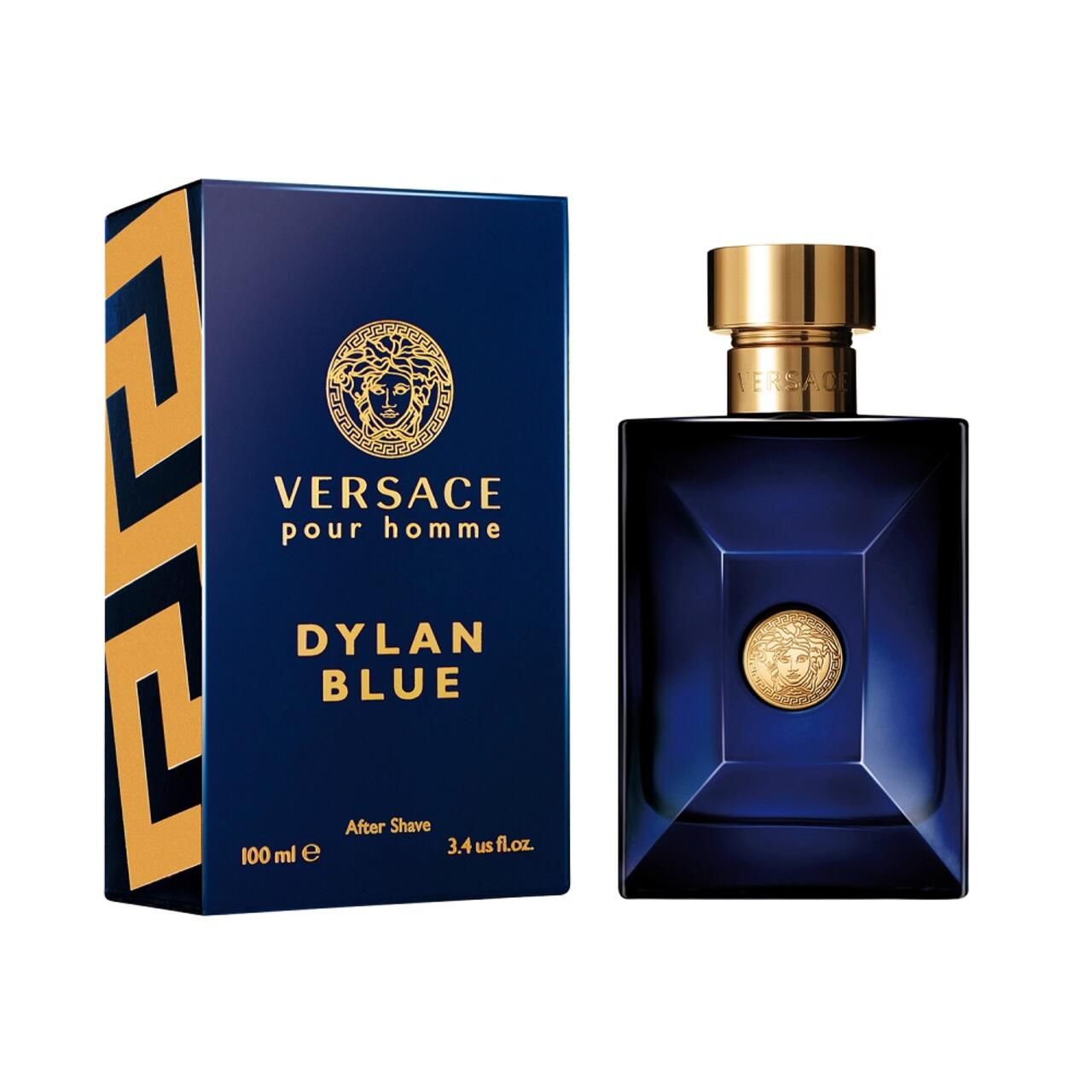 Flacone e scatola blu. Tappo dorato e logo Medusa. Scritta: VERSACE POUR HOMME DYLAN BLUE After Shave.