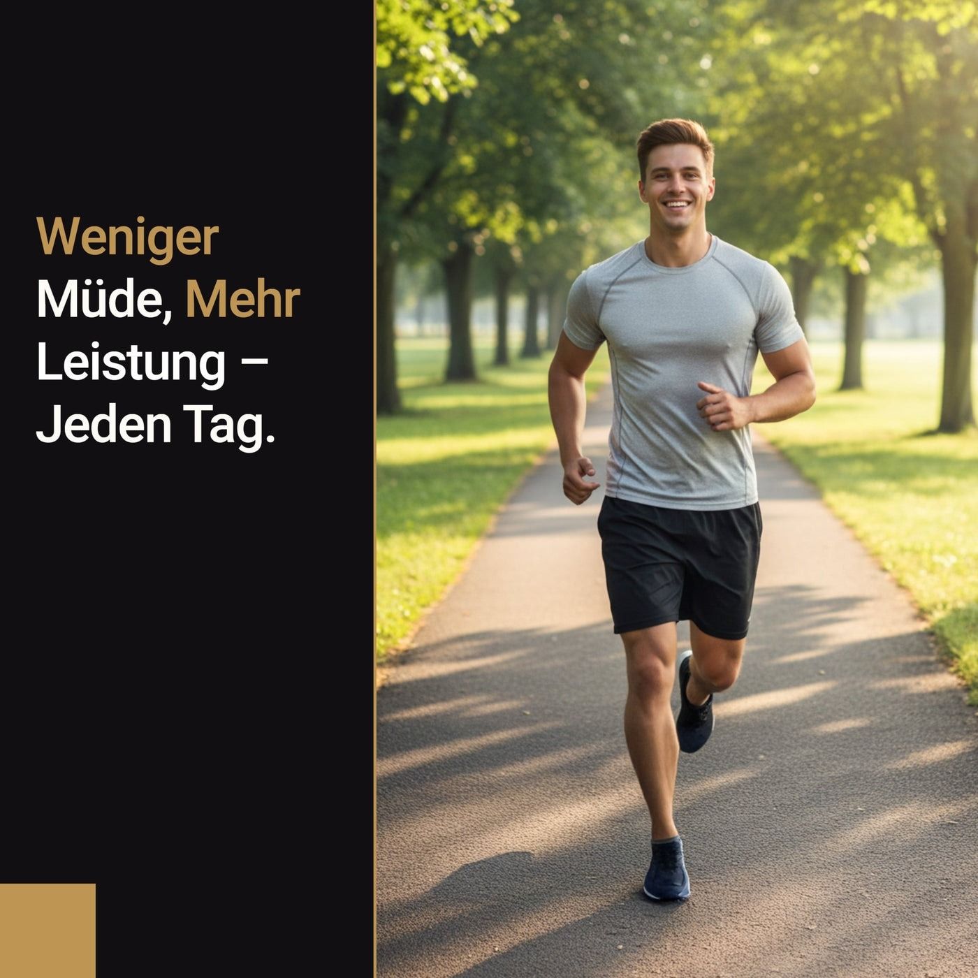 Uomo che corre su un sentiero. Testo: Meno stanco, più prestazioni - Ogni giorno.