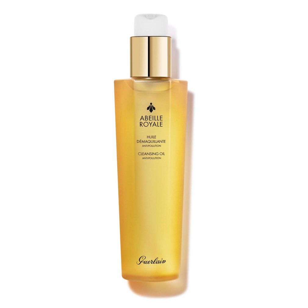 Flacone giallo con dosatore. Scritta: Abeille Royale, Huile Démaquillante Anti-Pollution, Cleansing Oil. Marchio Guerlain.