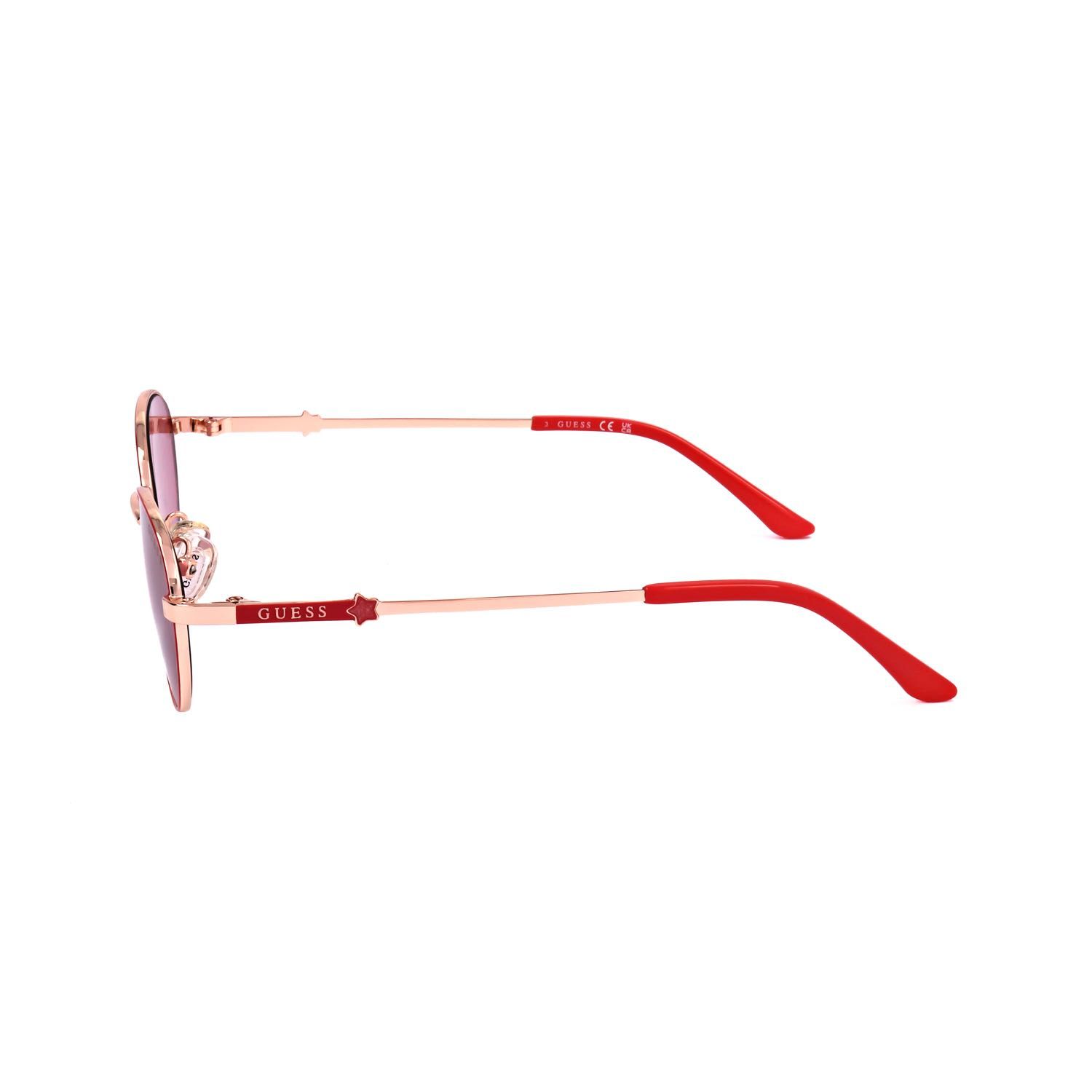Occhiali da sole Guess color oro rosa con aste rosse e lenti rosa, vista laterale.
