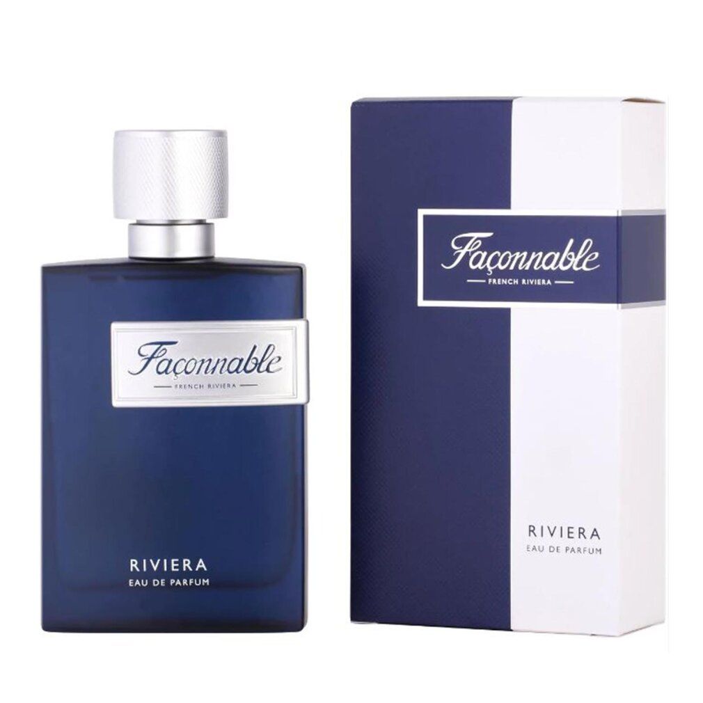 Flacone blu scuro e confezione. Scritta: Façonnable Riviera Eau de Parfum.
