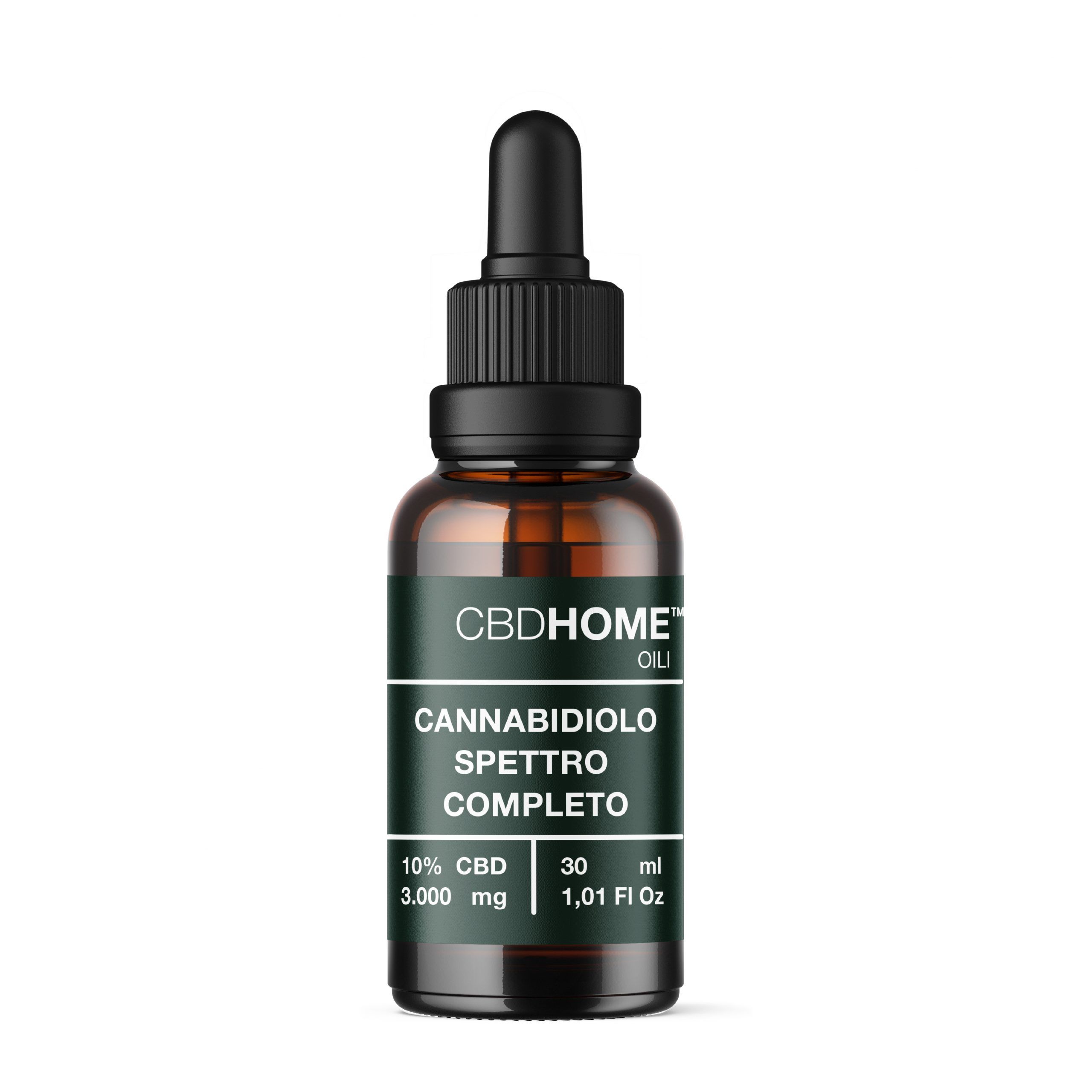 Flacone di olio CBDHOME con contagocce. 10% CBD, 30ml, Cannabidiolo a spettro completo.