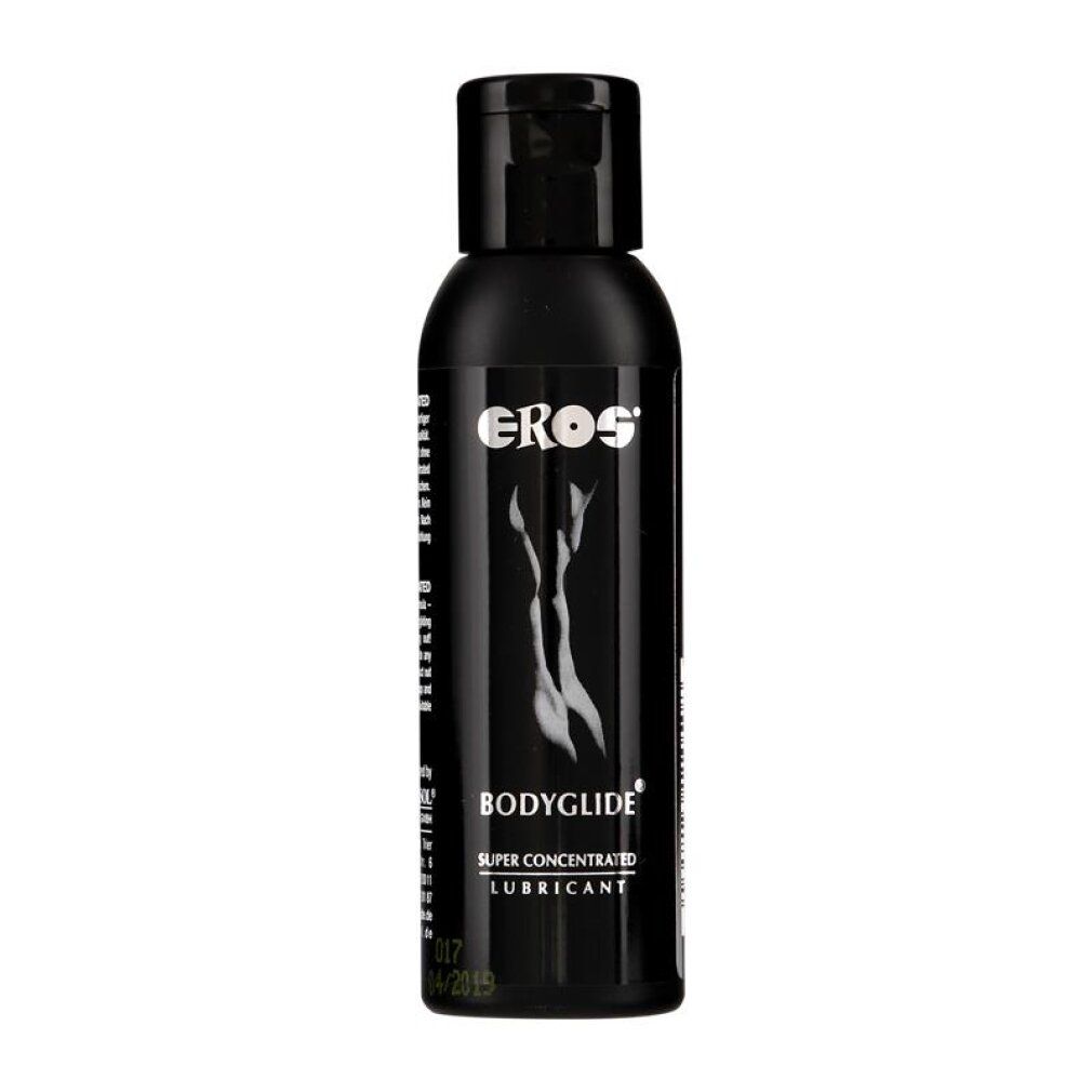 Flacone nero con EROS Bodyglide Super Concentrated Lubricant. Raffigurata una silhouette femminile stilizzata.
