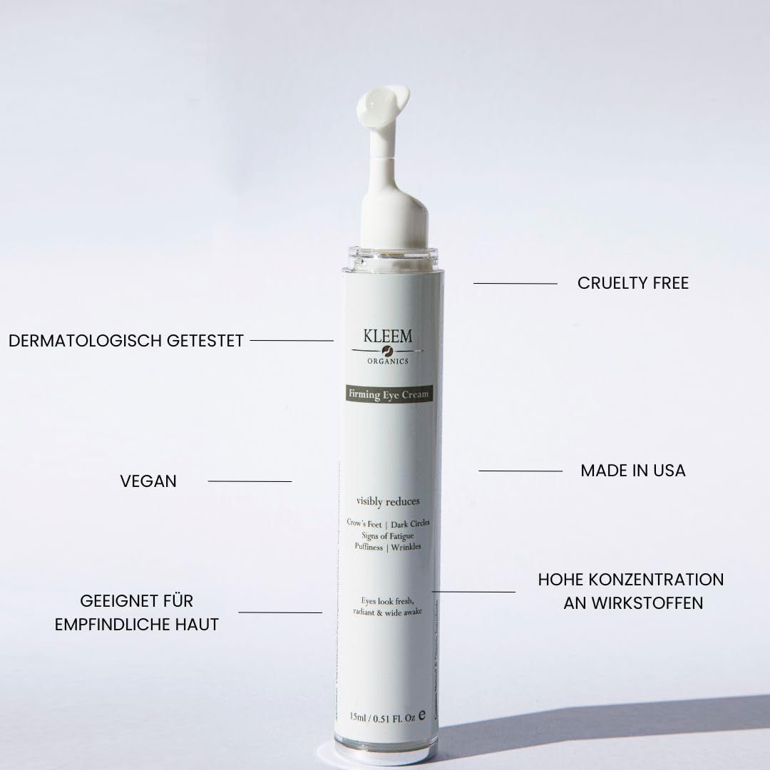 Prodotto: Kleem Firming Eye Cream. Testo: Dermatologicamente testato, vegano, Made in USA, Cruelty Free.
