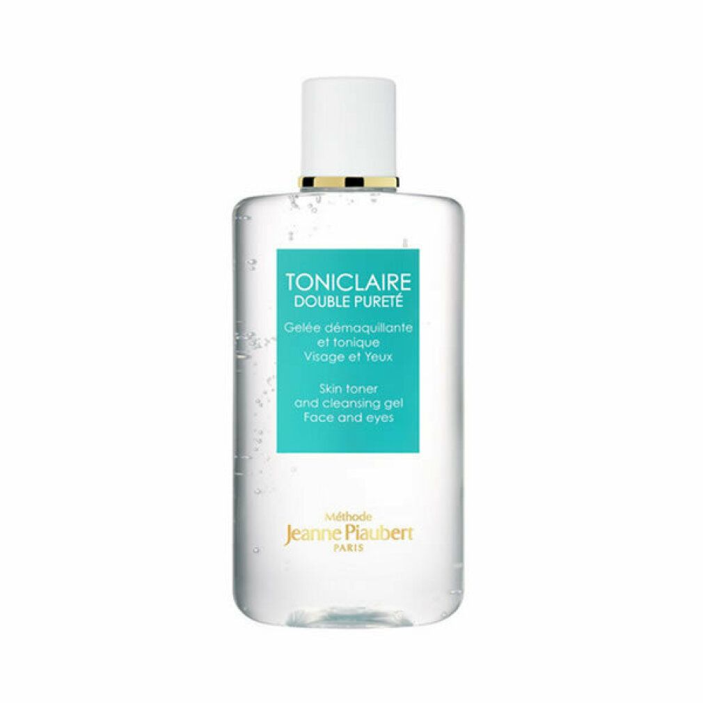 Flacone trasparente con tappo bianco. Scritta: Toniclaire Double Pureté, Gelee démaquillante et tonique, Visage et yeux. Marchio: Jeanne Piaubert.