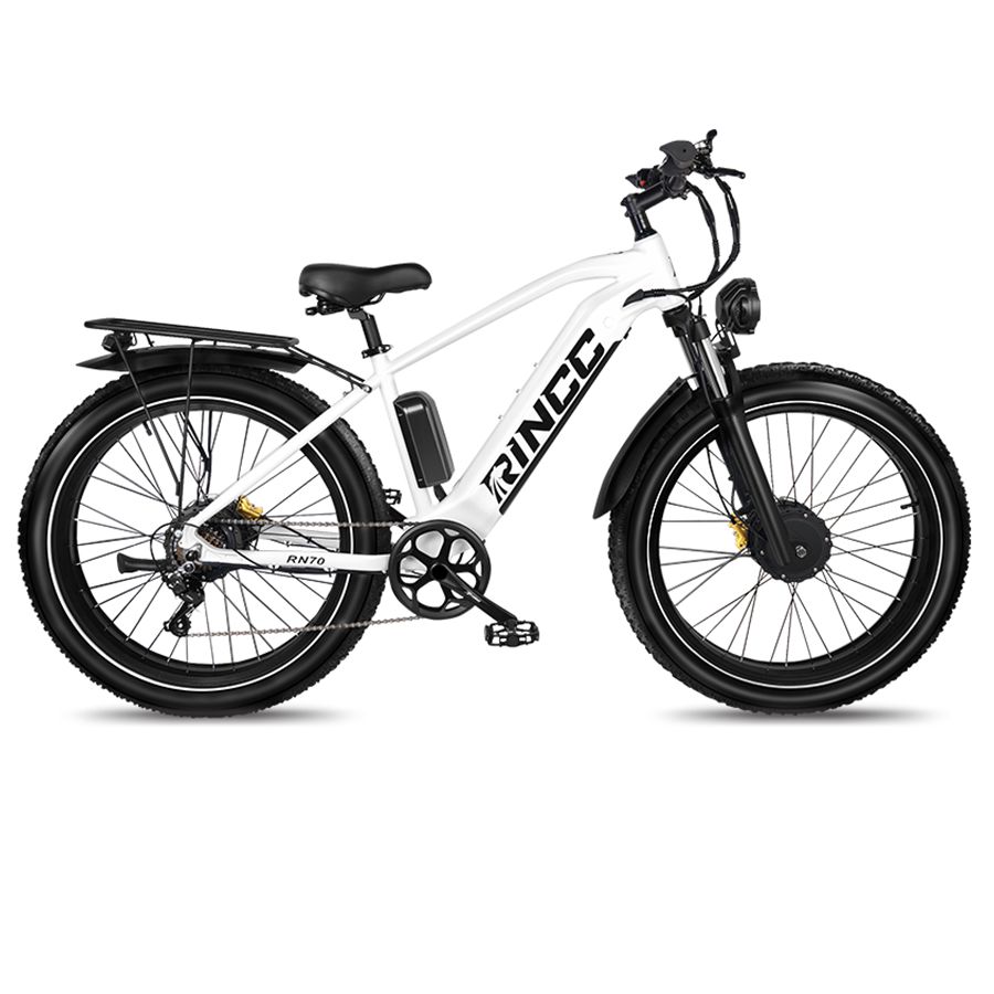 E-MTB bianca Rincc RN70. Pneumatici neri, portapacchi, faro e batteria. Logo Rincc.