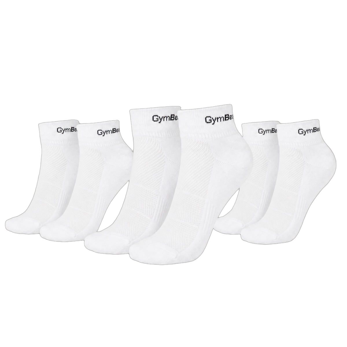 Tre paia di calze corte bianche GymBeam in misto cotone con logo.