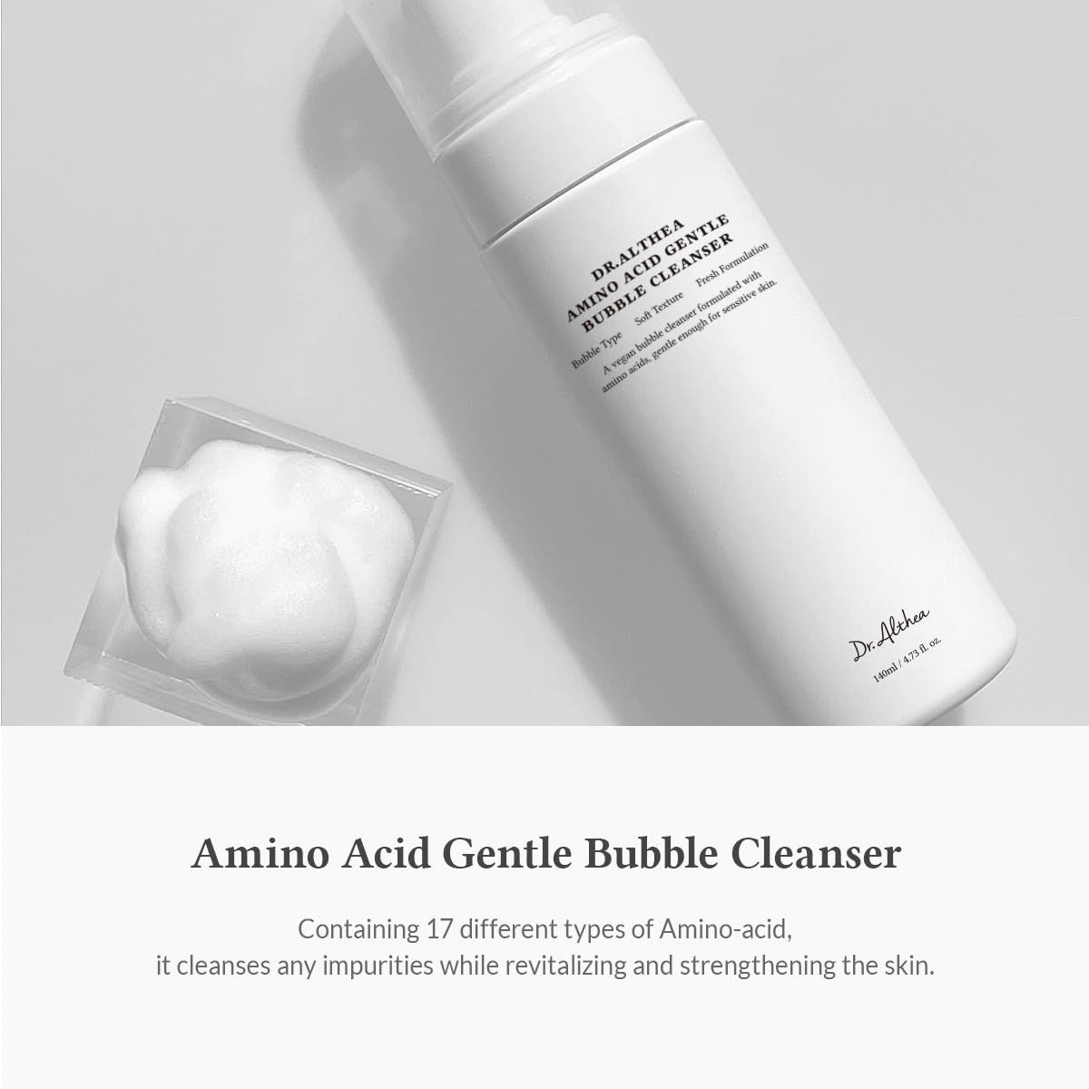Flacone bianco con testo. Schiuma in un contenitore. Nome prodotto: Amino Acid Gentle Bubble Cleanser.