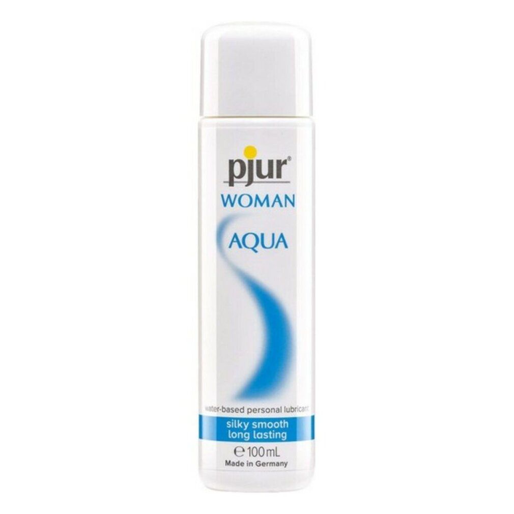 Flacone bianco con logo giallo e liquido blu. Scritta: pjur WOMAN Aqua. Testo: silky, smooth, long-lasting. 100 ml.