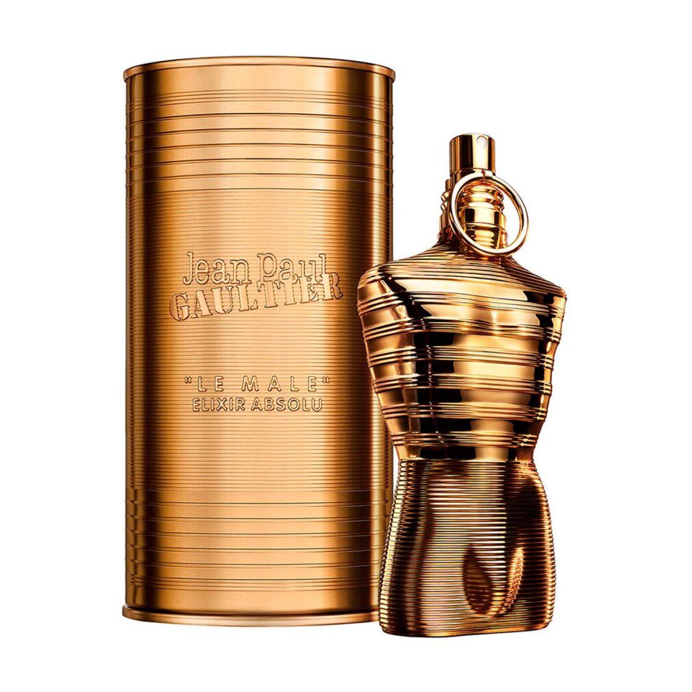 Flacone dorato a forma di torso e confezione cilindrica. Scritta: Jean Paul Gaultier, Le Male Elixir Absolu.