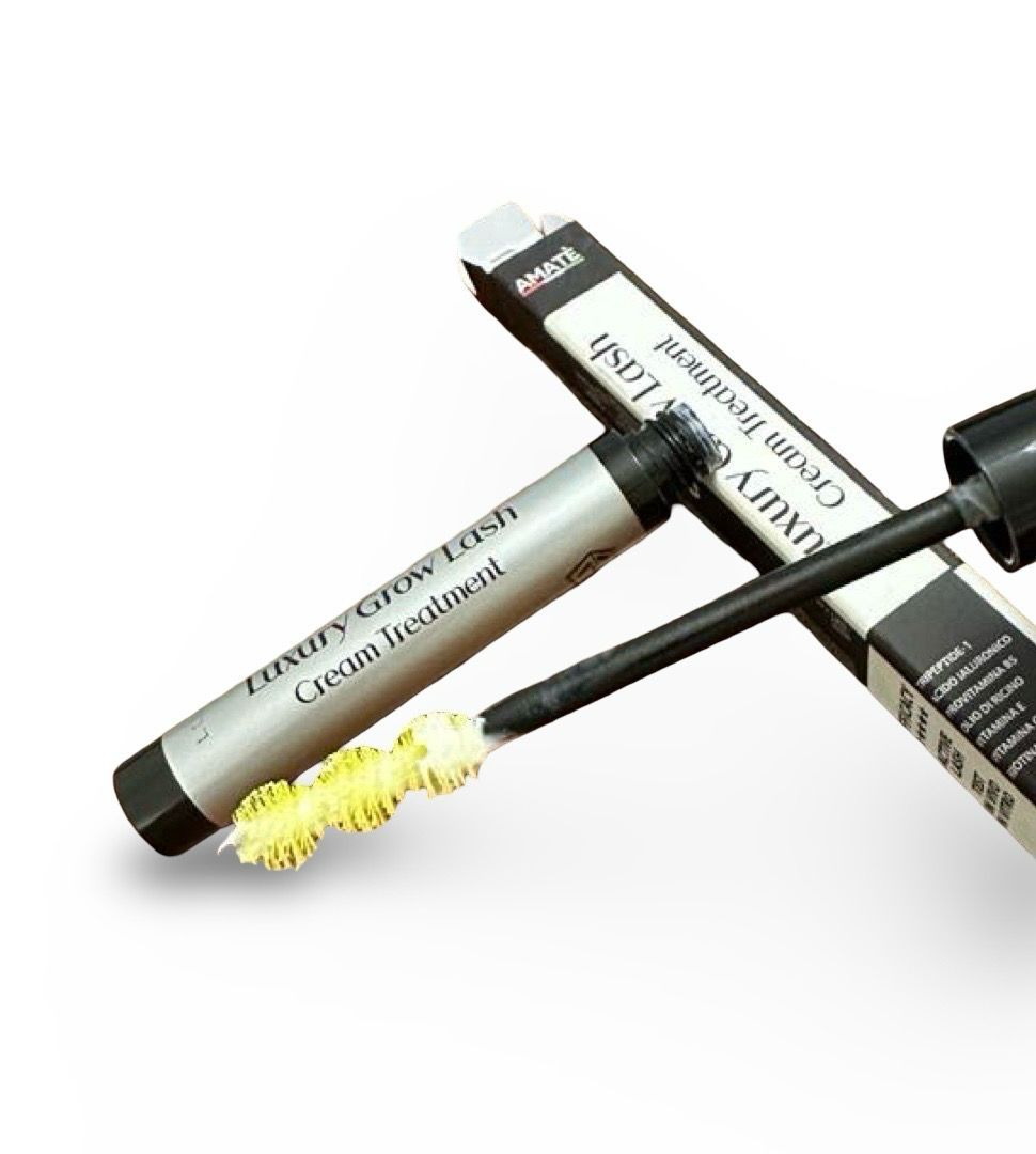 Tubo e confezione aperti. Testo: Luxury Grow Lash Cream Treatment. Spazzola gialla. Marchio: Amatè.