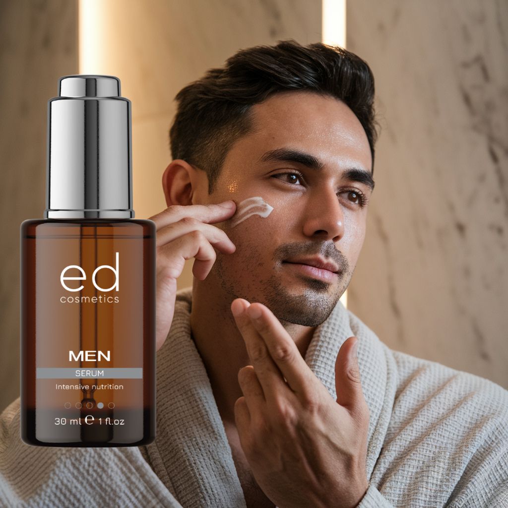 Uomo applica siero. Flacone di vetro marrone con tappo argentato. Testo: "ed cosmetics MEN Serum".