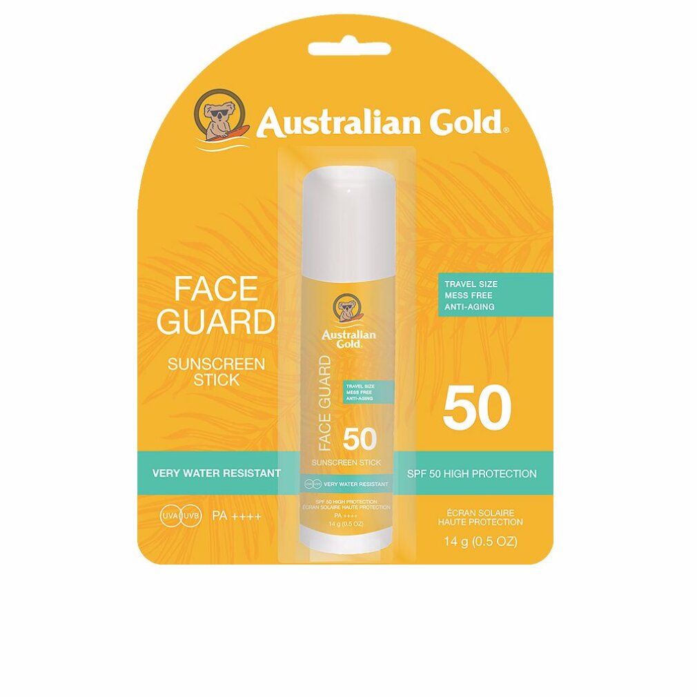 Stick solare per il viso Australian Gold in confezione. Confezione gialla e bianca, SPF 50. Scritto Face Guard e Sunscreen Stick.
