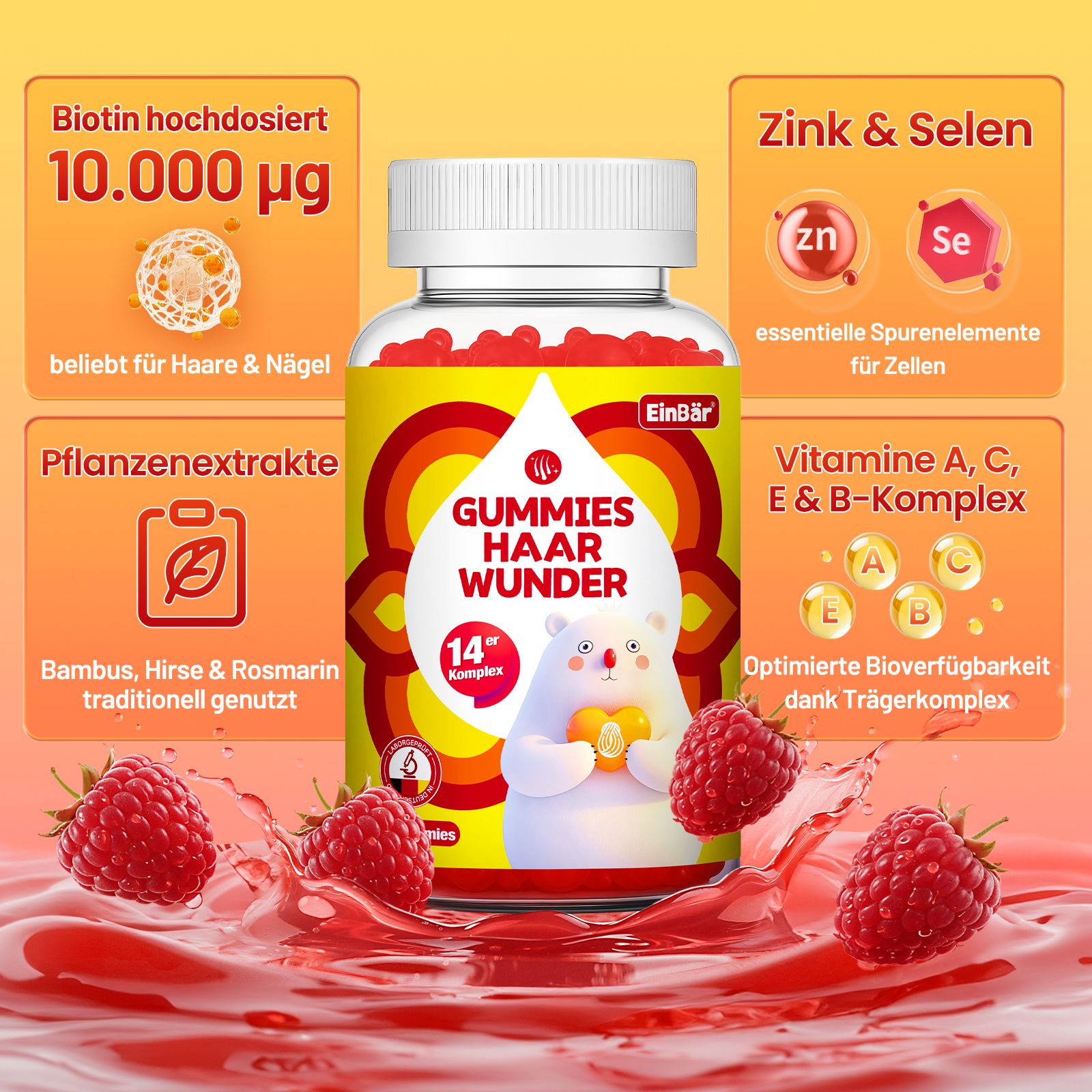 Flacone di caramelle gommose per capelli, con illustrazione di orso e informazioni su biotina, zinco, selenio e vitamine.