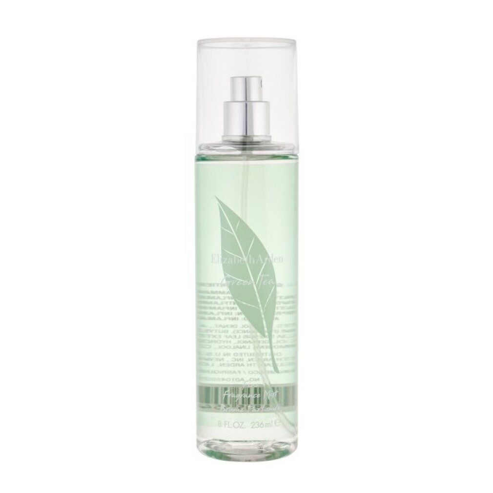 Spray verde con erogatore e tappo. Scritta 'Elizabeth Arden Green Tea'. Logo foglia. Flacone trasparente.