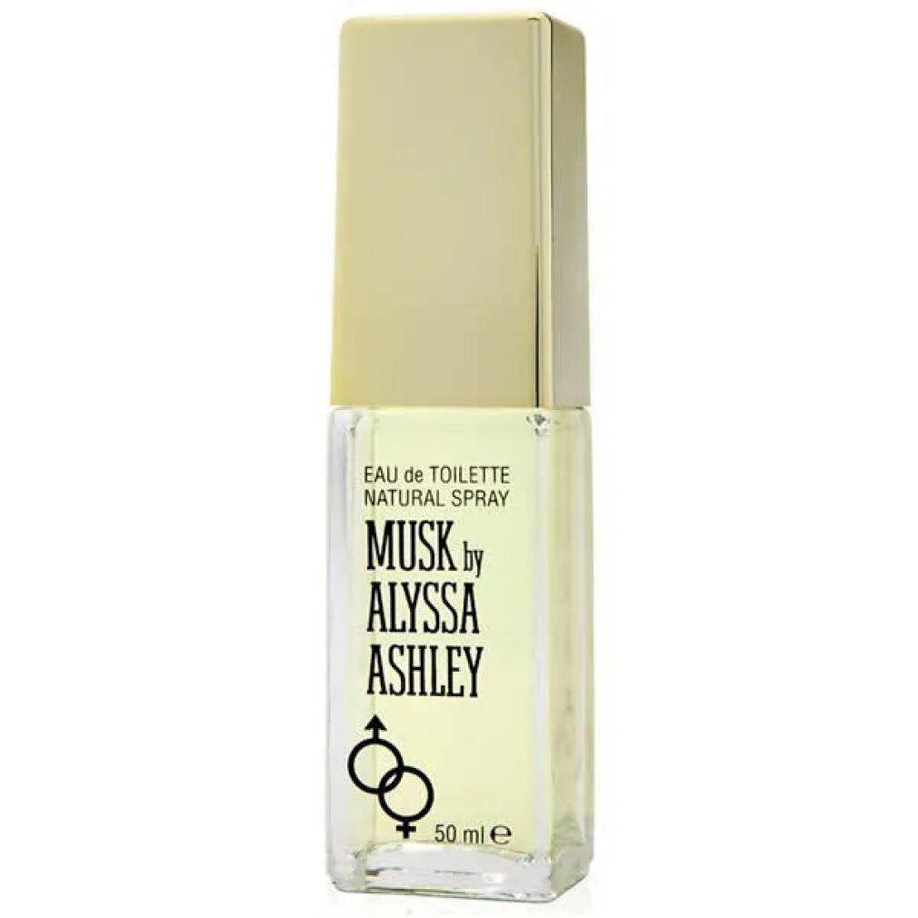 Flacone di Alyssa Ashley Musk Eau de Toilette Spray. Scritta: Musk by Alyssa Ashley, Eau de Toilette, 50 ml.