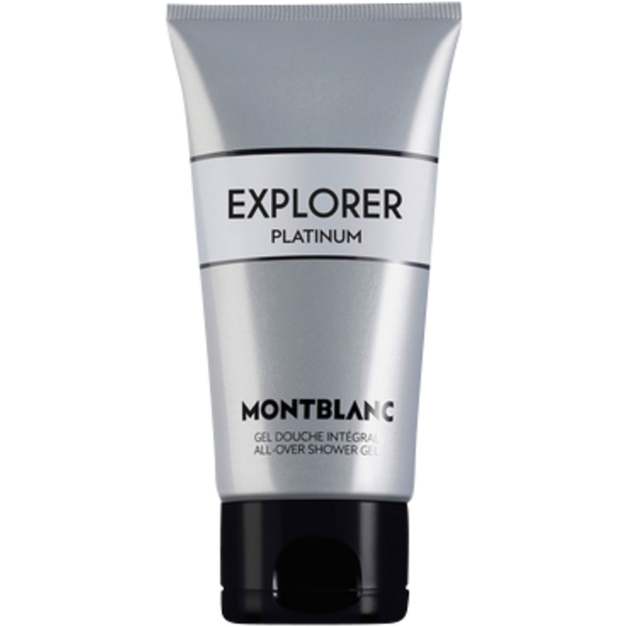 Tubo argento, tappo nero. Scritta: EXPLORER PLATINUM, MONTBLANC. Gel Douche Intégral, All-Over Shower Gel.