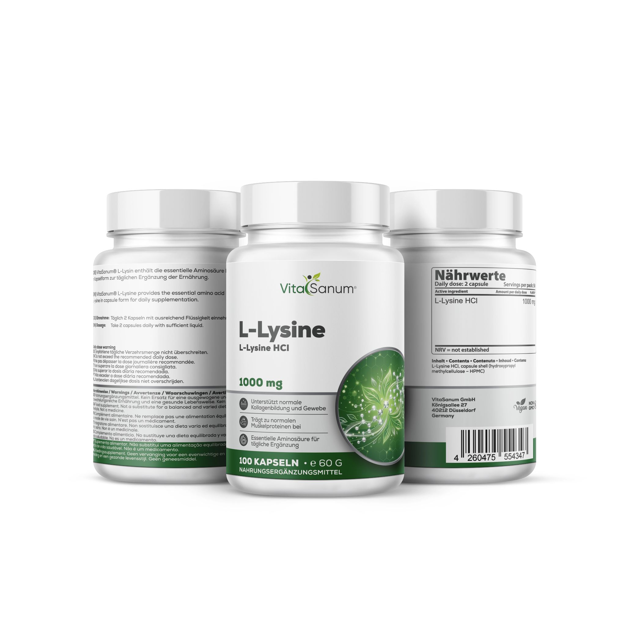 Capsule VitaSanum L-Lisina, 1000 mg, 100 capsule, con informazioni nutrizionali.